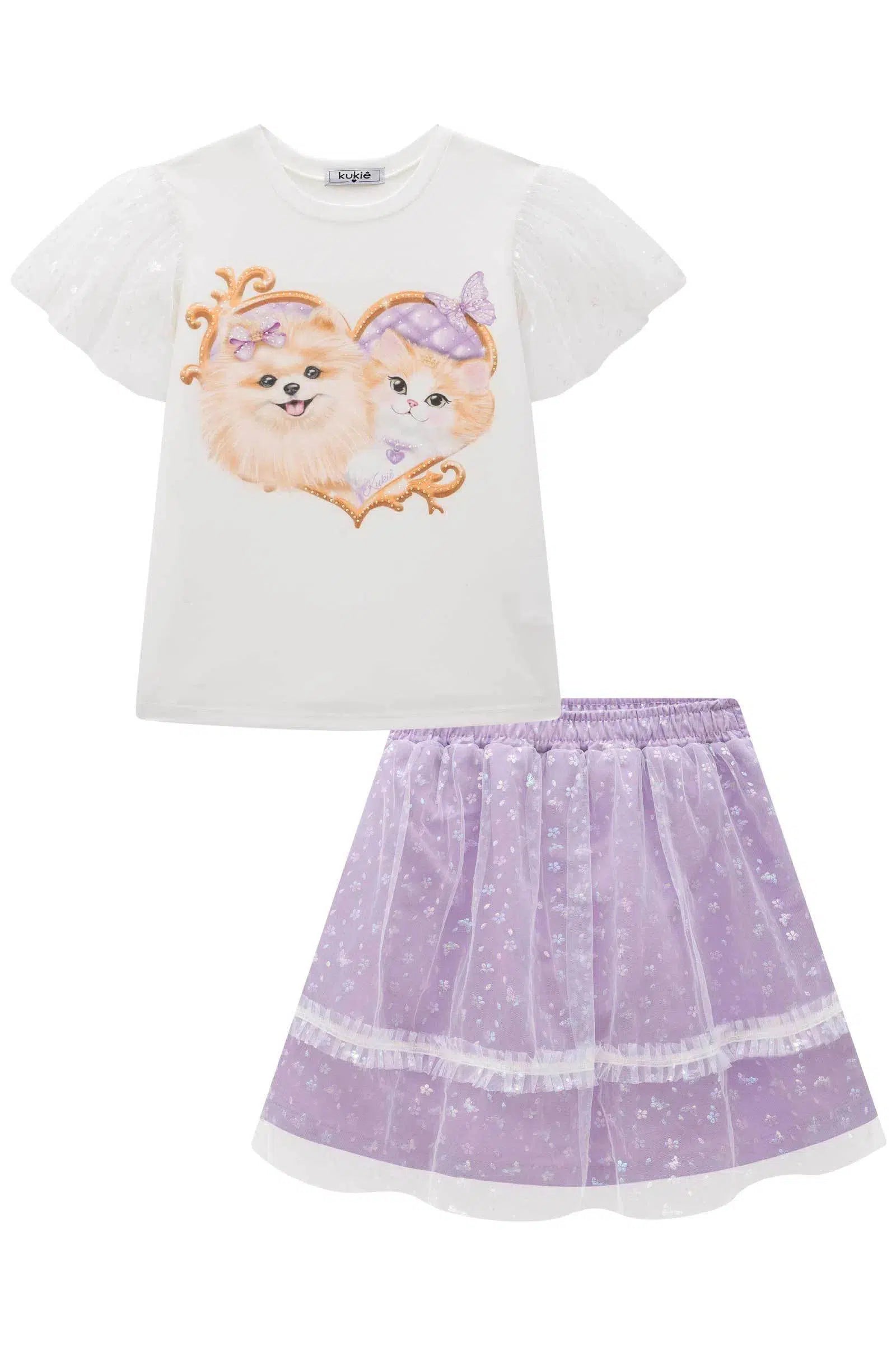 Conjunto de Blusa em Cotton e Saia de Tule Borboletas 77652 Kukiê