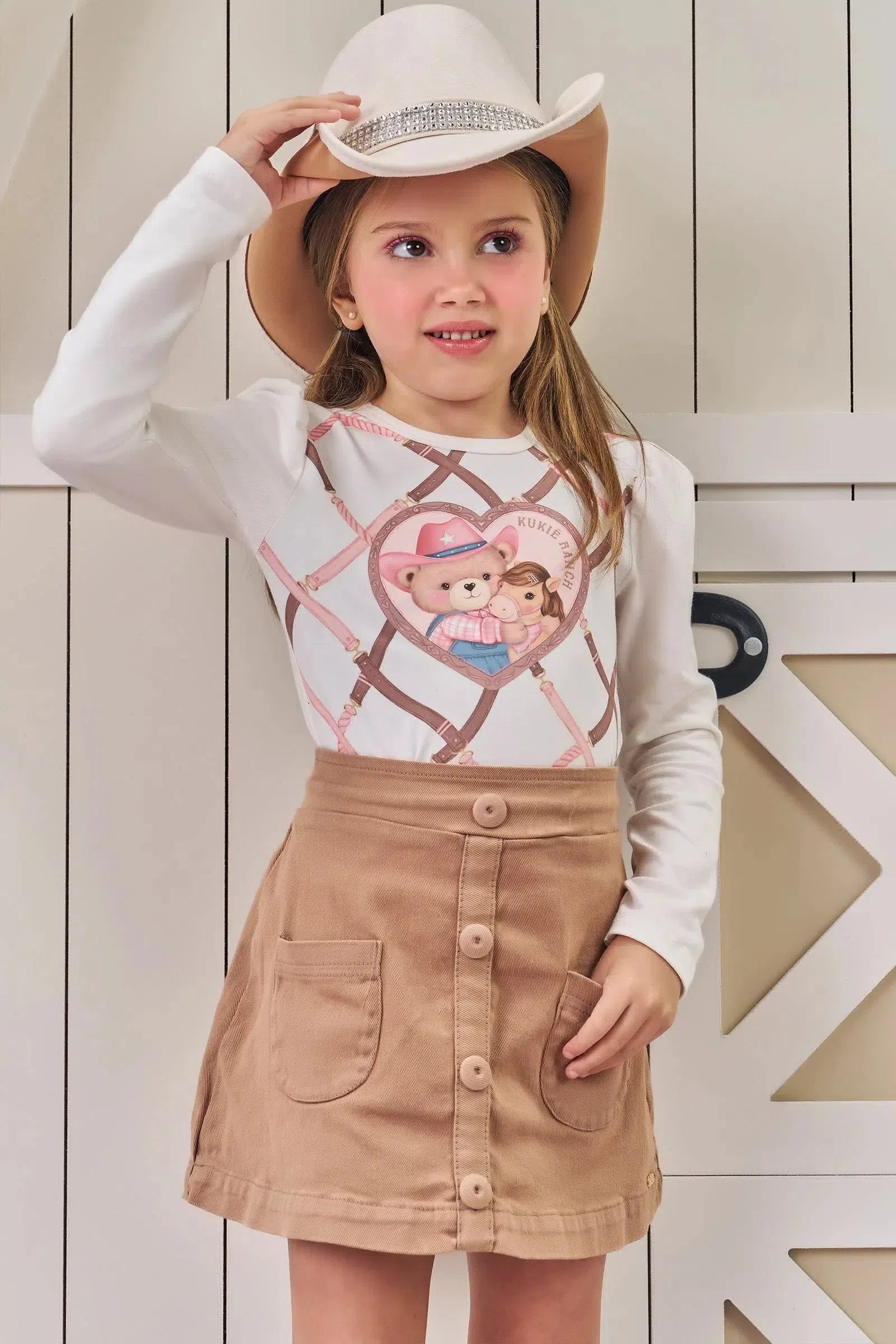 Conjunto de Blusa em Cotton e Saia em Sarja com Elastano 80413 Kukiê Infantil Menina