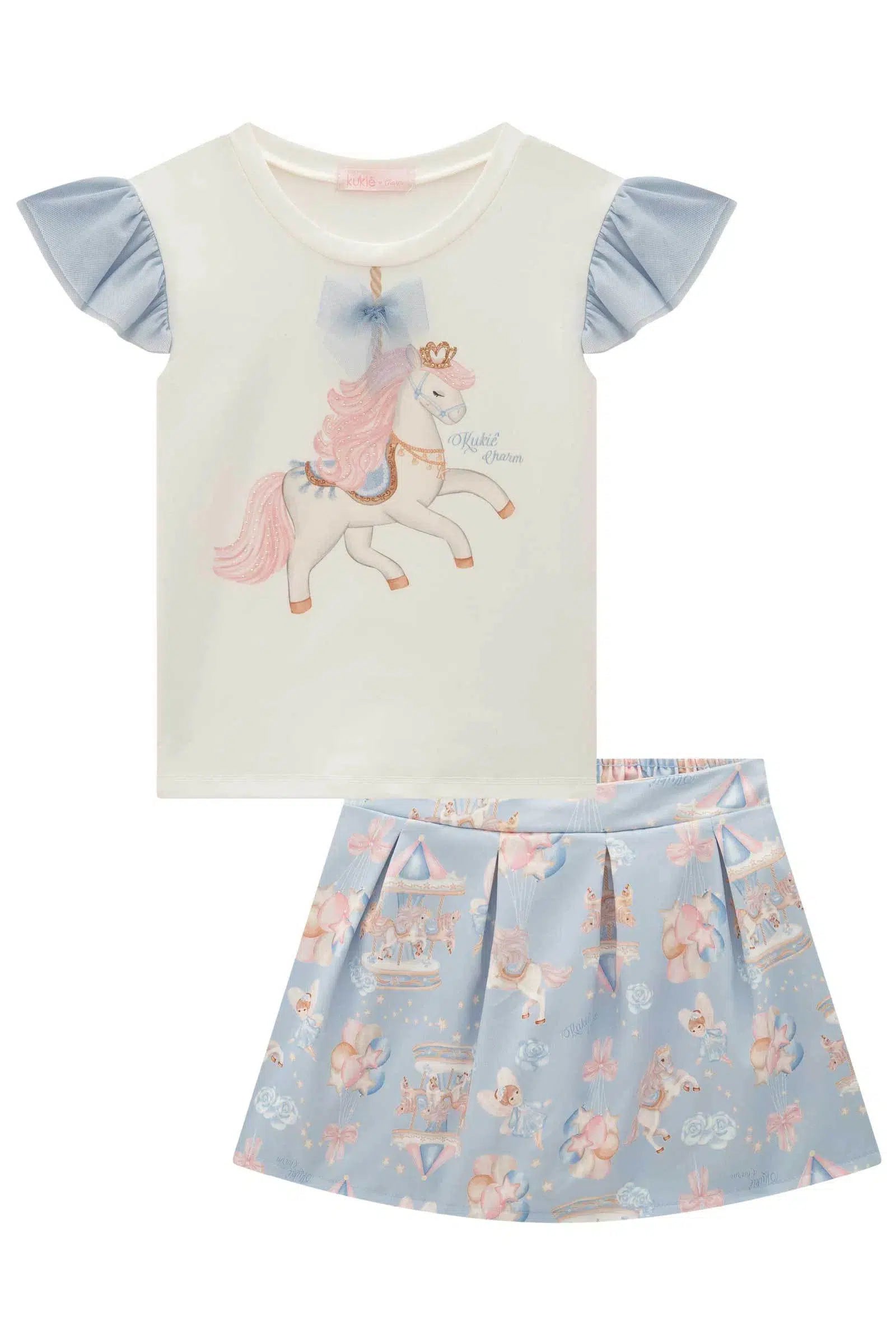 Conjunto Infantil Menina de Blusa em Cotton e Saia em Super Cetim (acompanha Shorts) 82367 Kukiê