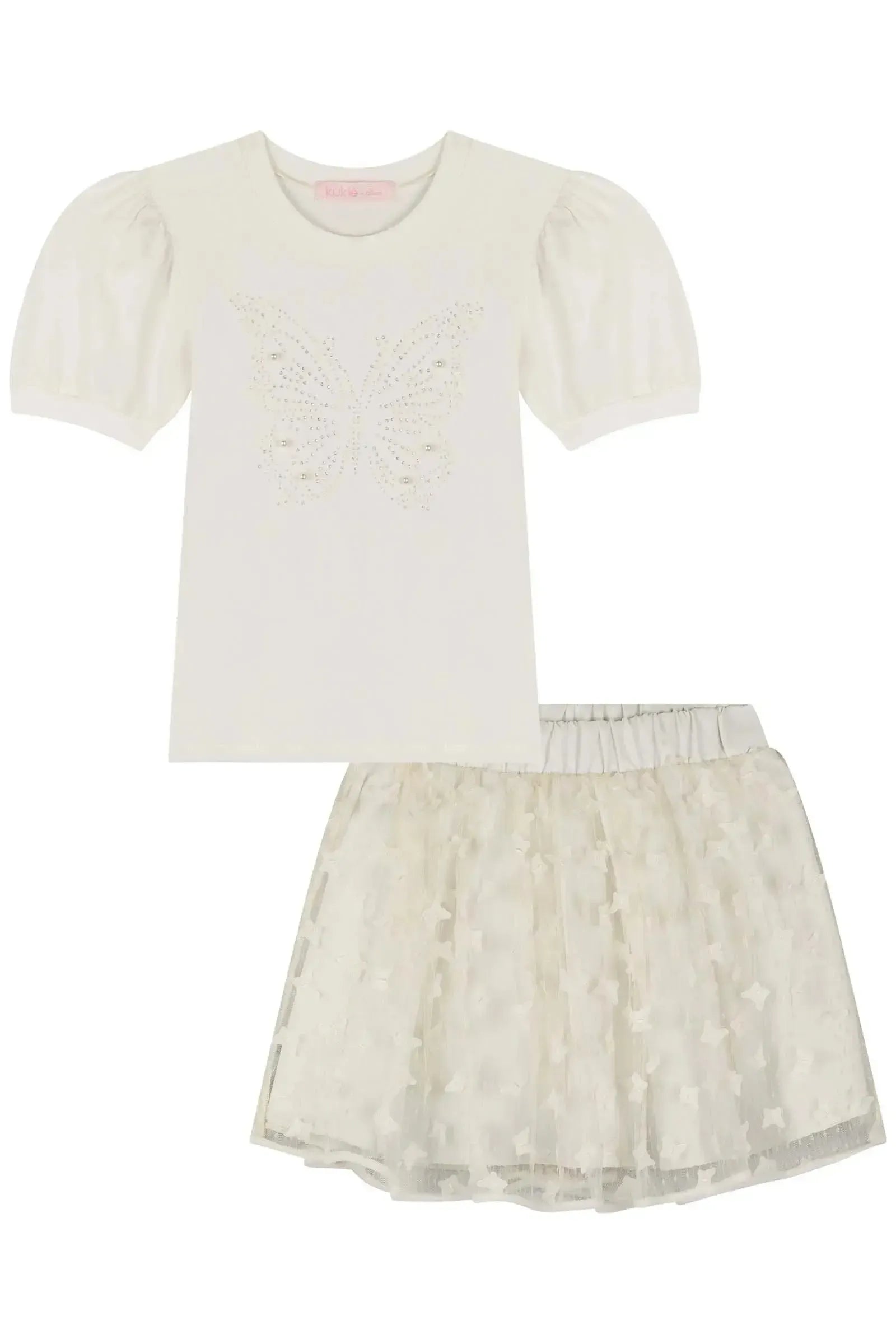 Conjunto de Blusa em Cotton e Saia em Tule Bordado Borboletas (com Shorts Embutido) 83936 Kukiê Infantil Menina