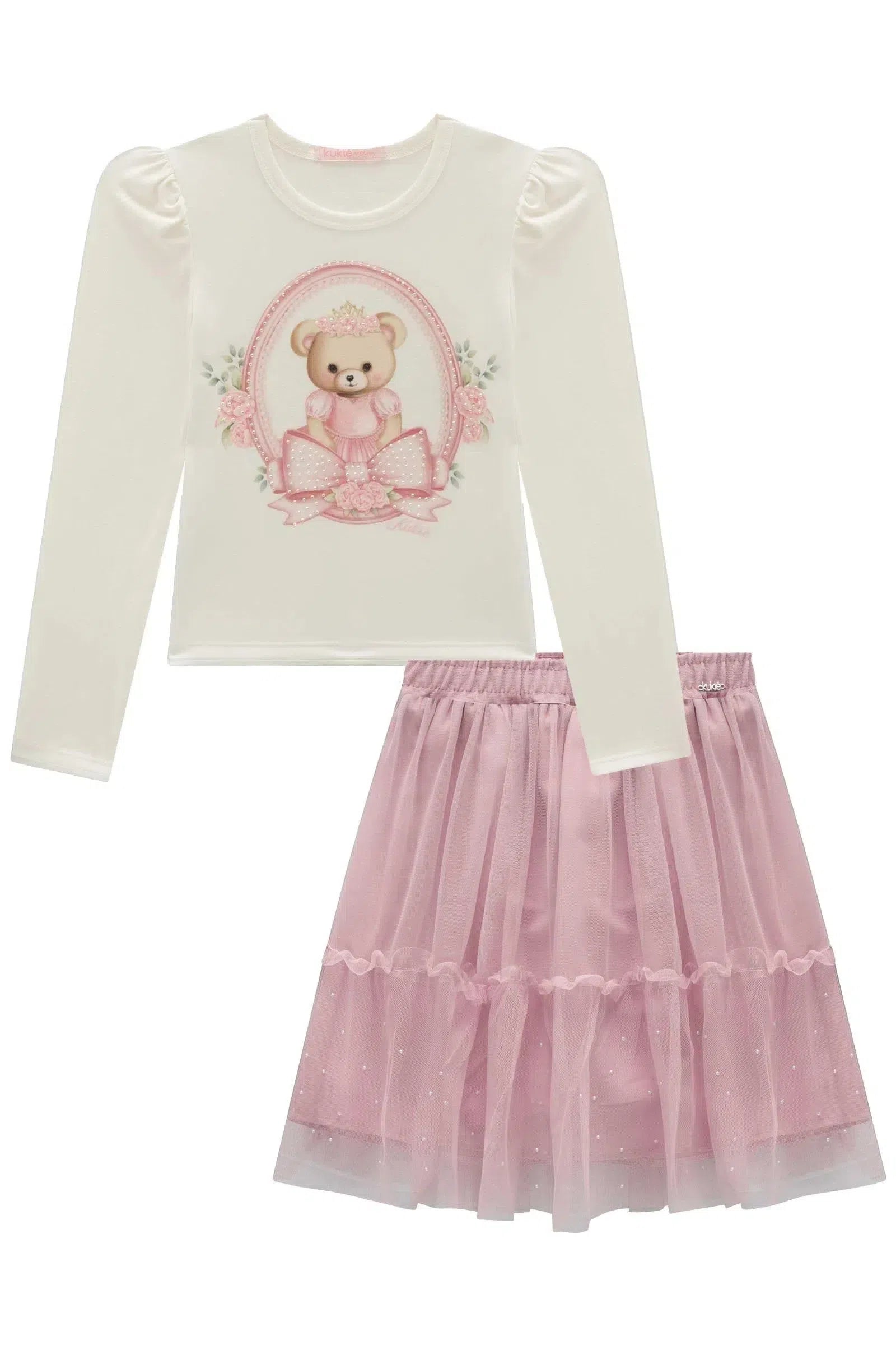 Conjunto de Blusa em Cotton e Saia em Tule com Elastano 79455 Kukiê Infantil Menina