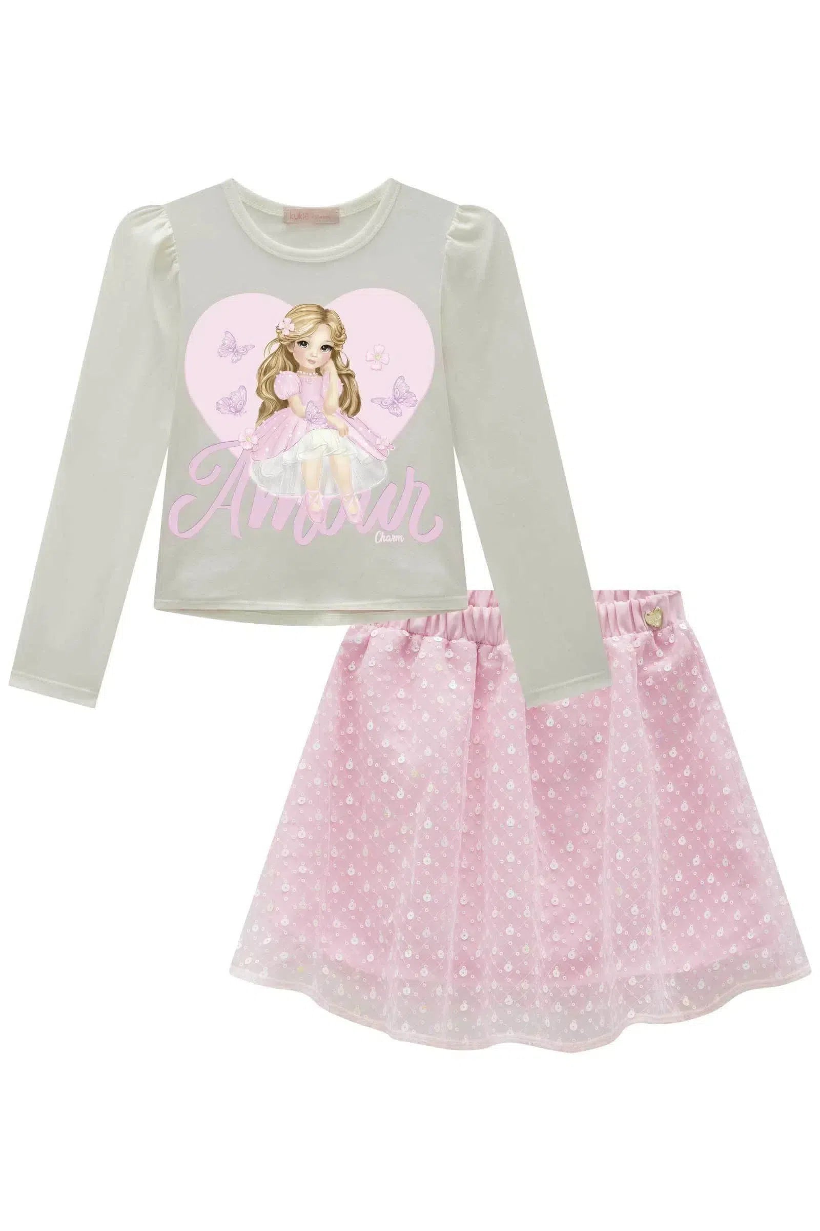 Conjunto de Blusa em Cotton e Saia em Tule Paetê Bordado 79853 Kukiê Infantil Menina