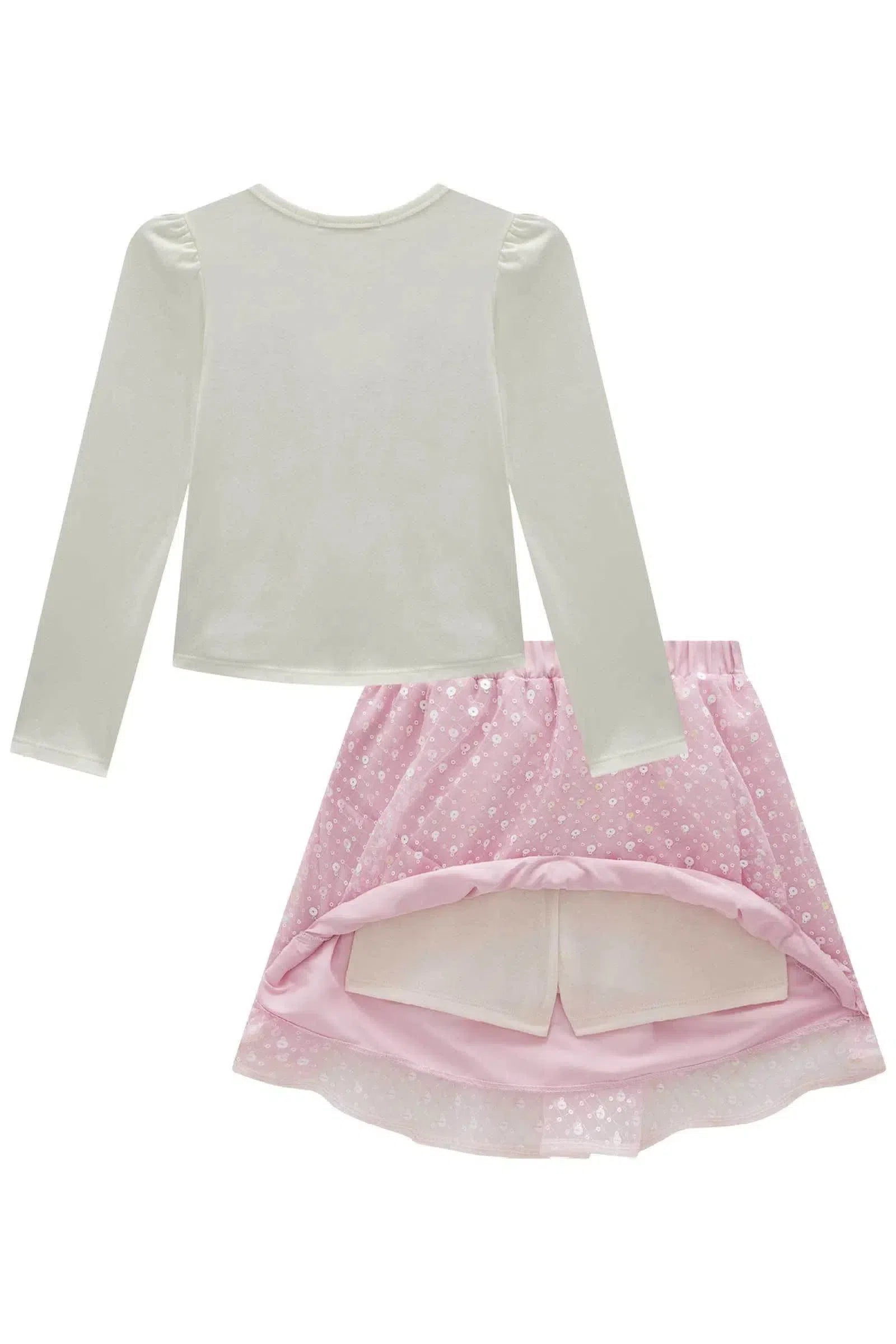 Conjunto de Blusa em Cotton e Saia em Tule Paetê Bordado 79853 Kukiê Infantil Menina