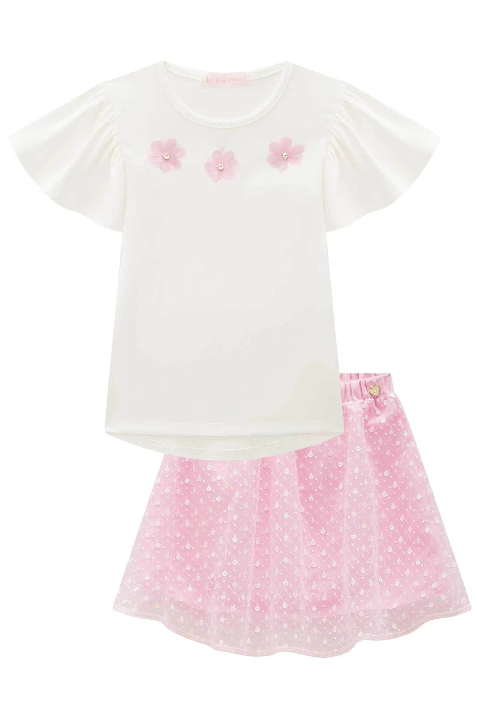 Conjunto Infantil Menina de Blusa em Cotton e Saia em Tule Paetê Bordado 81380 Kukiê