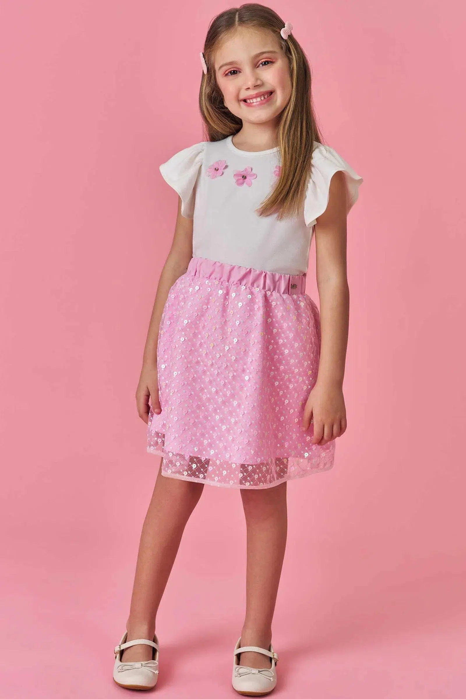 Conjunto Infantil Menina de Blusa em Cotton e Saia em Tule Paetê Bordado 81380 Kukiê