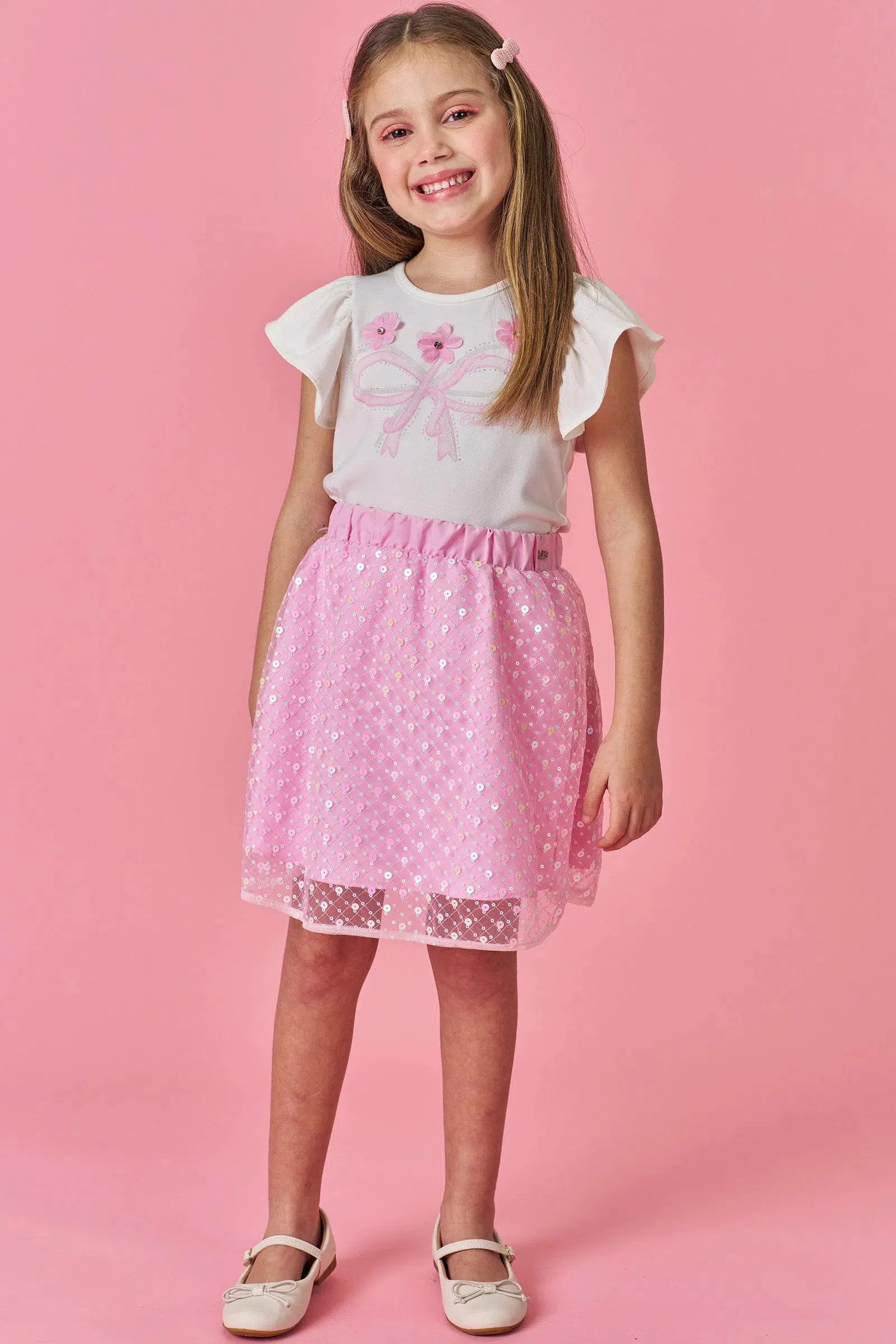 Conjunto Infantil Menina de Blusa em Cotton e Saia em Tule Paetê Bordado 81380 Kukiê