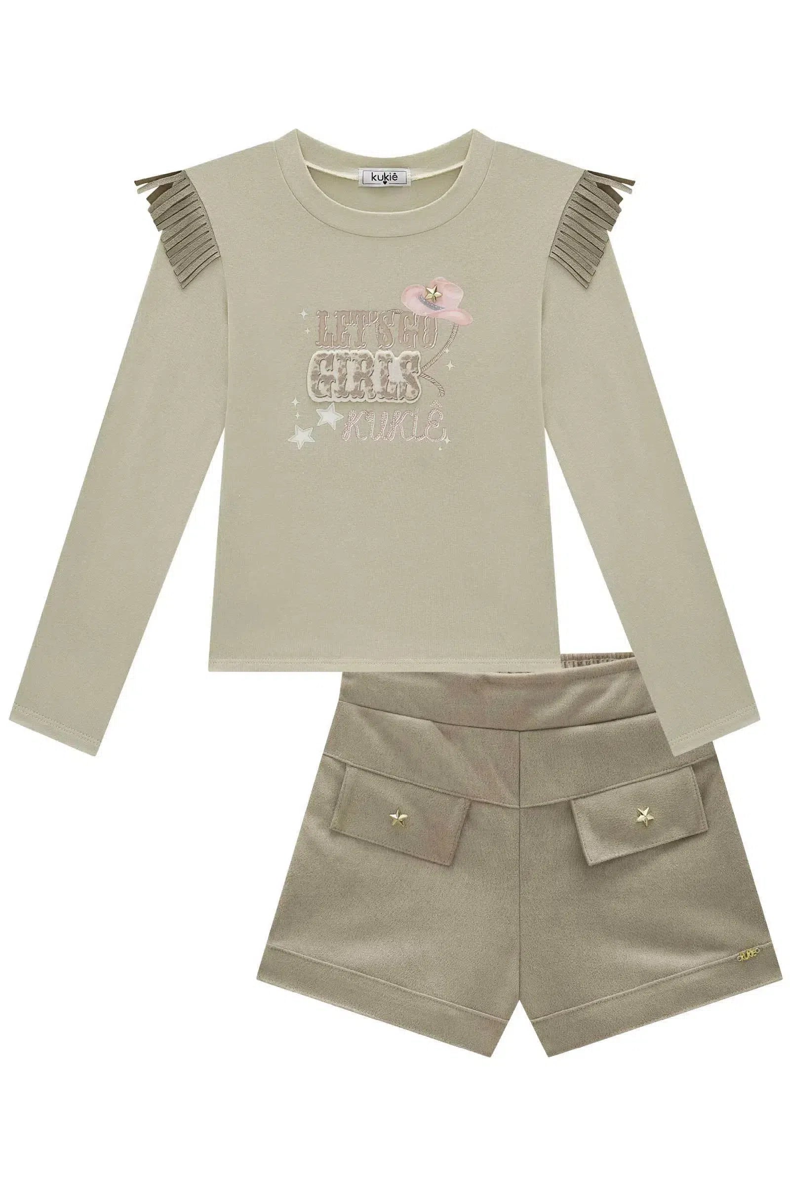 Conjunto de Blusa em Cotton e Short em Malha Scuba Suede 80102 Kukiê Infantil Menina