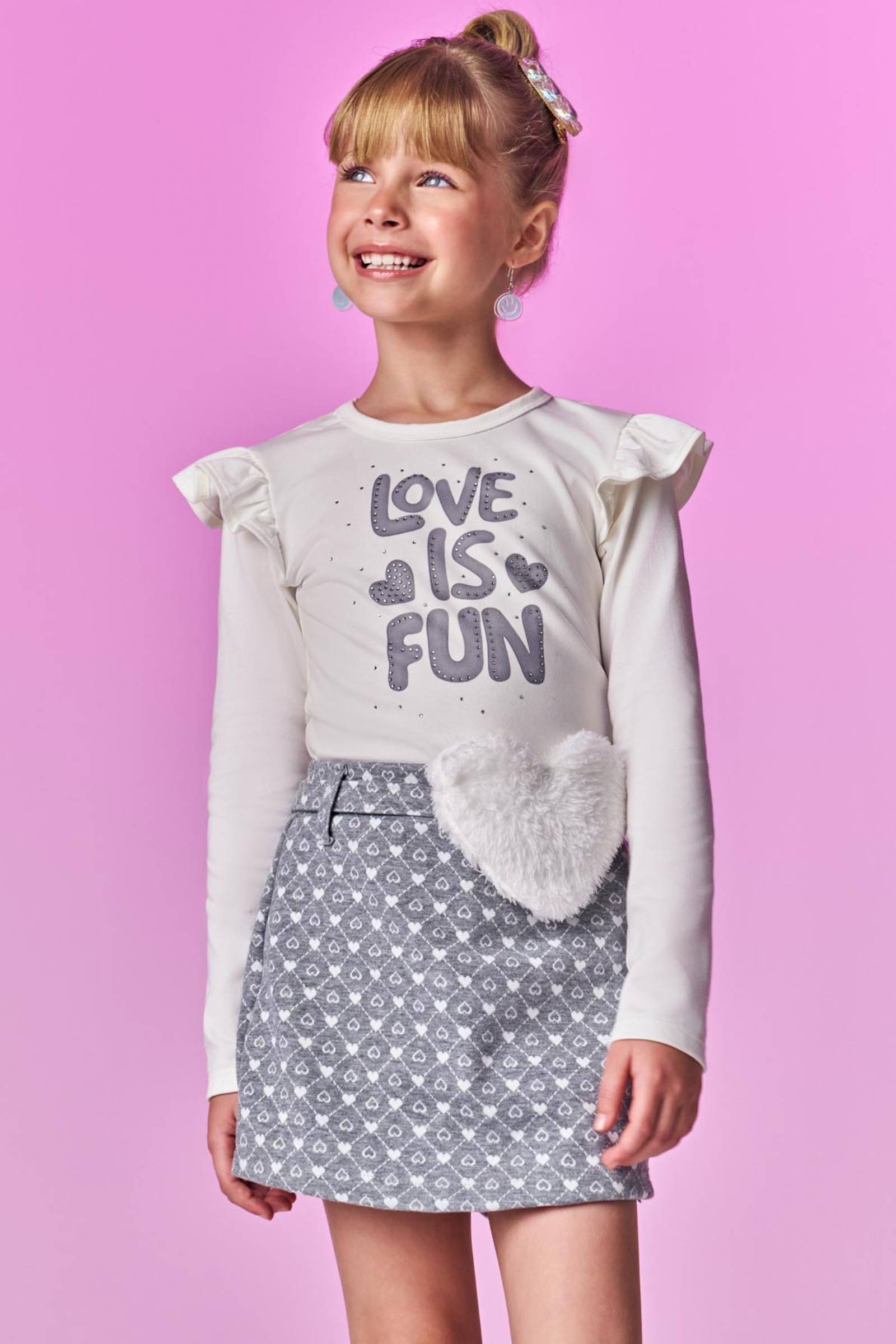 Conjunto de Blusa em Cotton e Short Saia em Jacquard Coração 80344 Infanti Infantil Menina