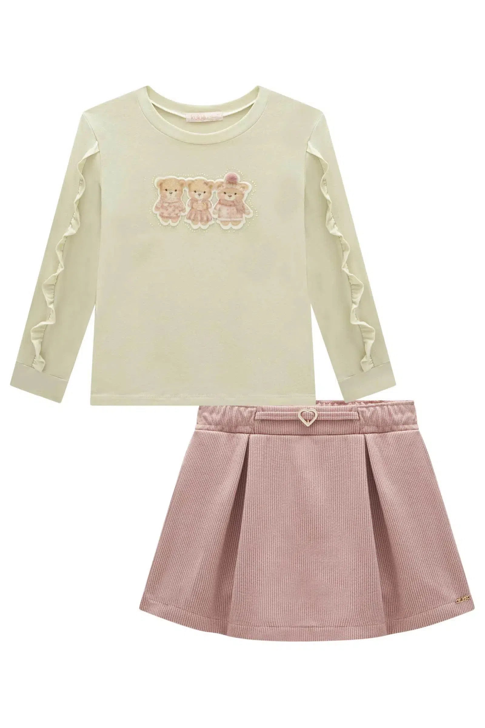 Conjunto de Blusa em Cotton e Short Saia em Lã Batida Two Tones 79439 Kukiê Infantil Menina