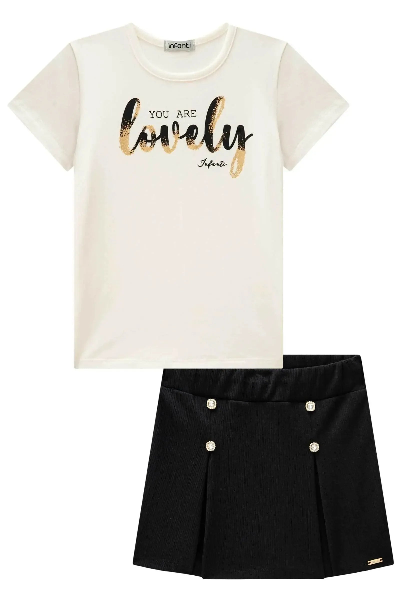 Conjunto de Blusa em Cotton e Short Saia em Malha Jacquard 85294 Infanti Infantil Menina