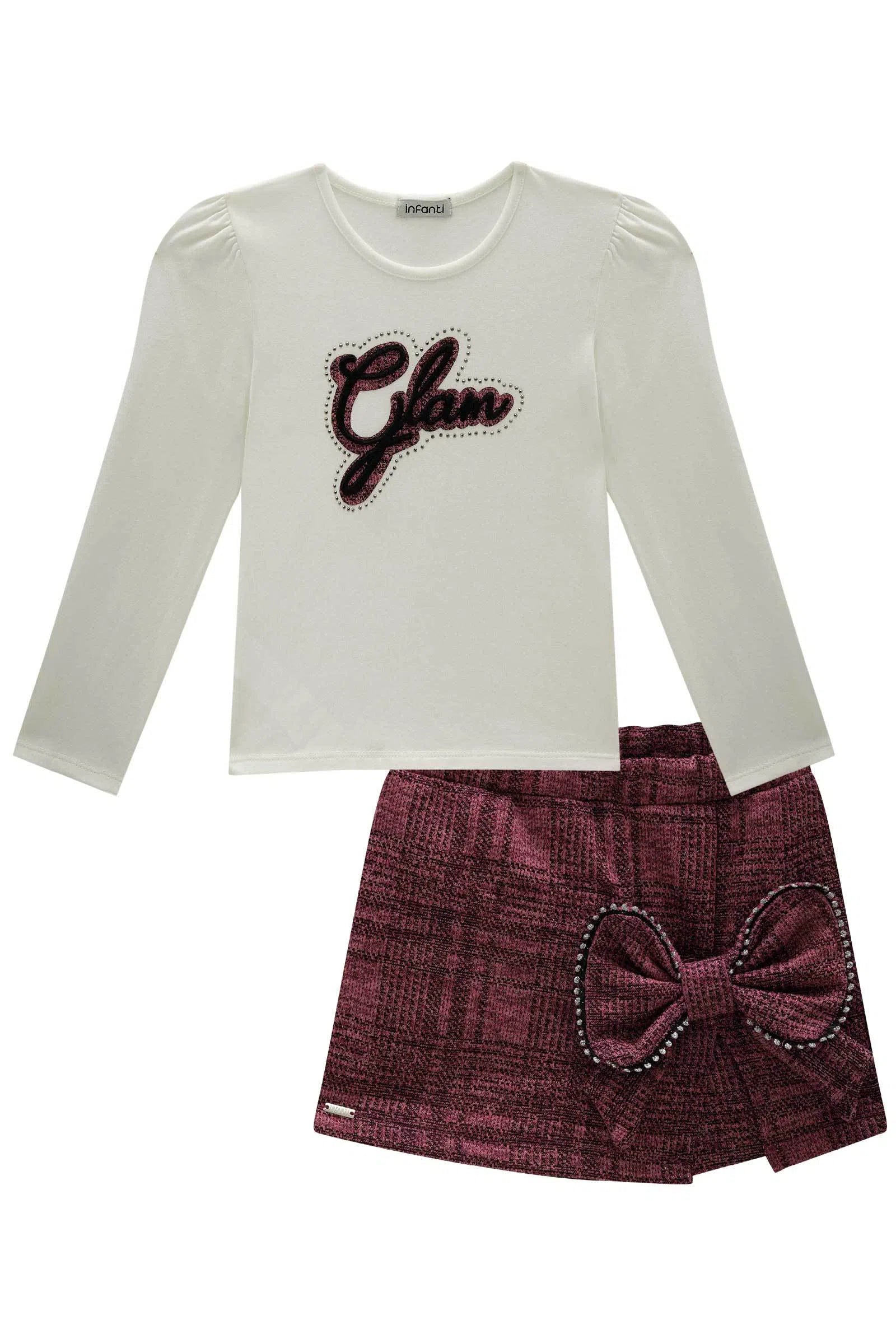 Conjunto de Blusa em Cotton e Short Saia em Malha Tweed Brilho 81190 Infanti Infantil Menina