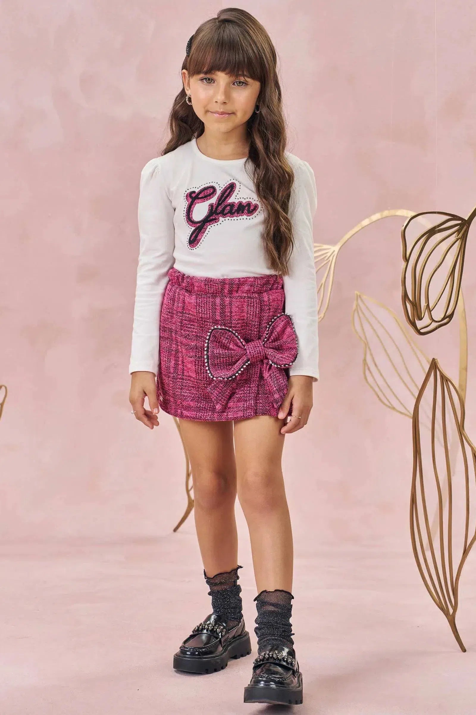 Conjunto de Blusa em Cotton e Short Saia em Malha Tweed Brilho 81190 Infanti Infantil Menina