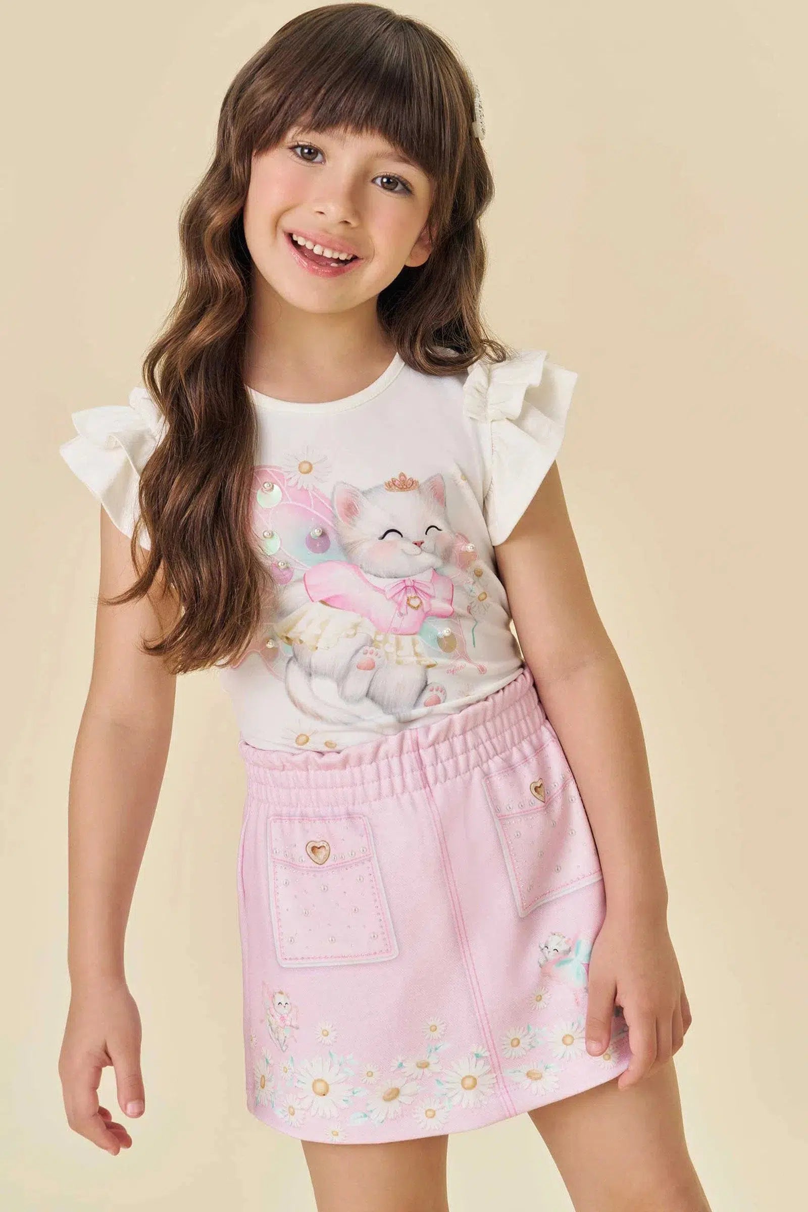 Conjunto Infantil de Blusa em Cotton e Short Saia em Molecotton 81534 Infanti