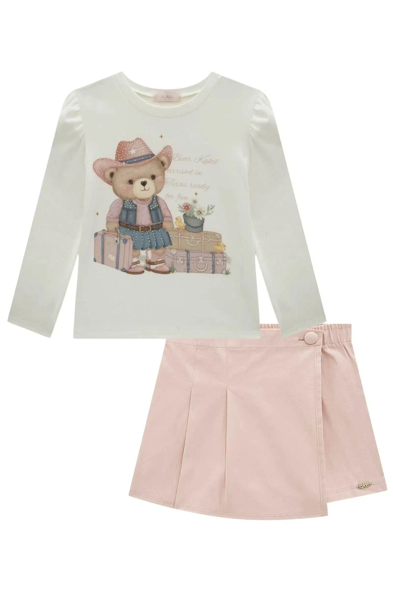 Conjunto de Blusa em Cotton e Short Saia em Sarja com Elastano 80416 Kukiê Infantil Menina