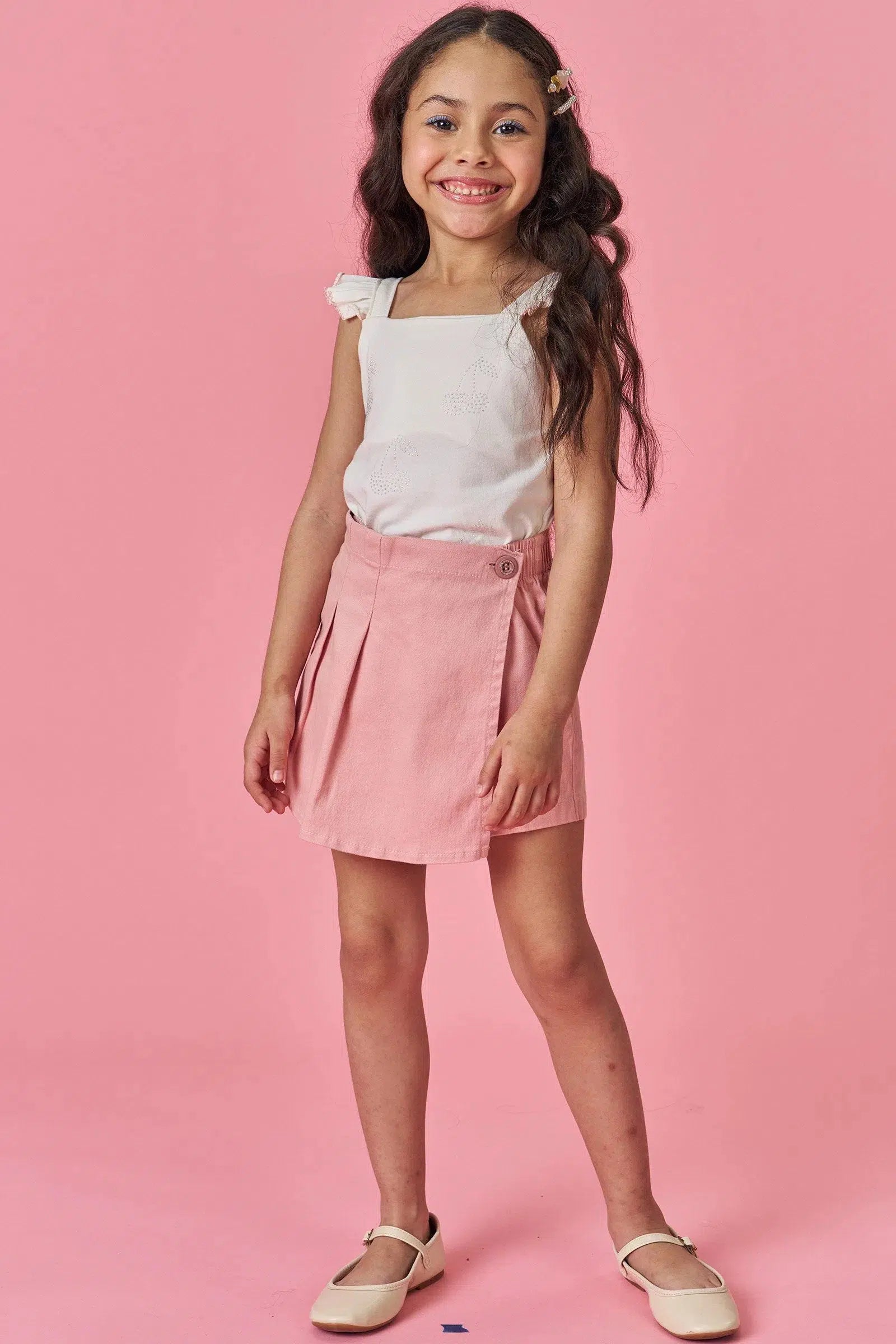 Conjunto Infantil Menina de Blusa em Cotton e Short Saia em Sarja com Elastano 81338 Kukiê