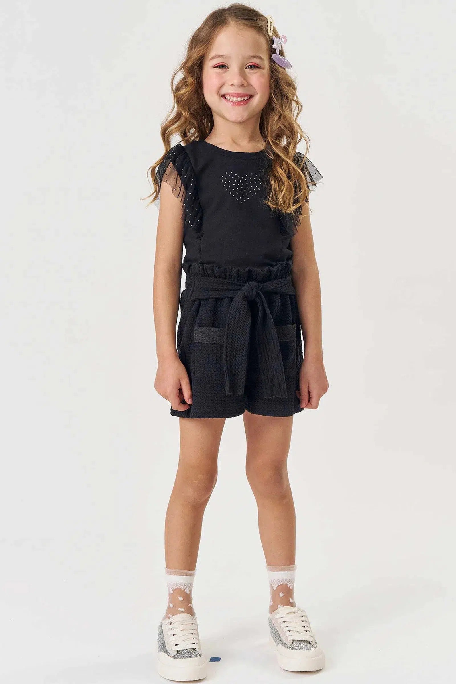 Conjunto Infantil Menina de Blusa em Cotton e Shorts em Jacquard Soviello 82356 Kukiê