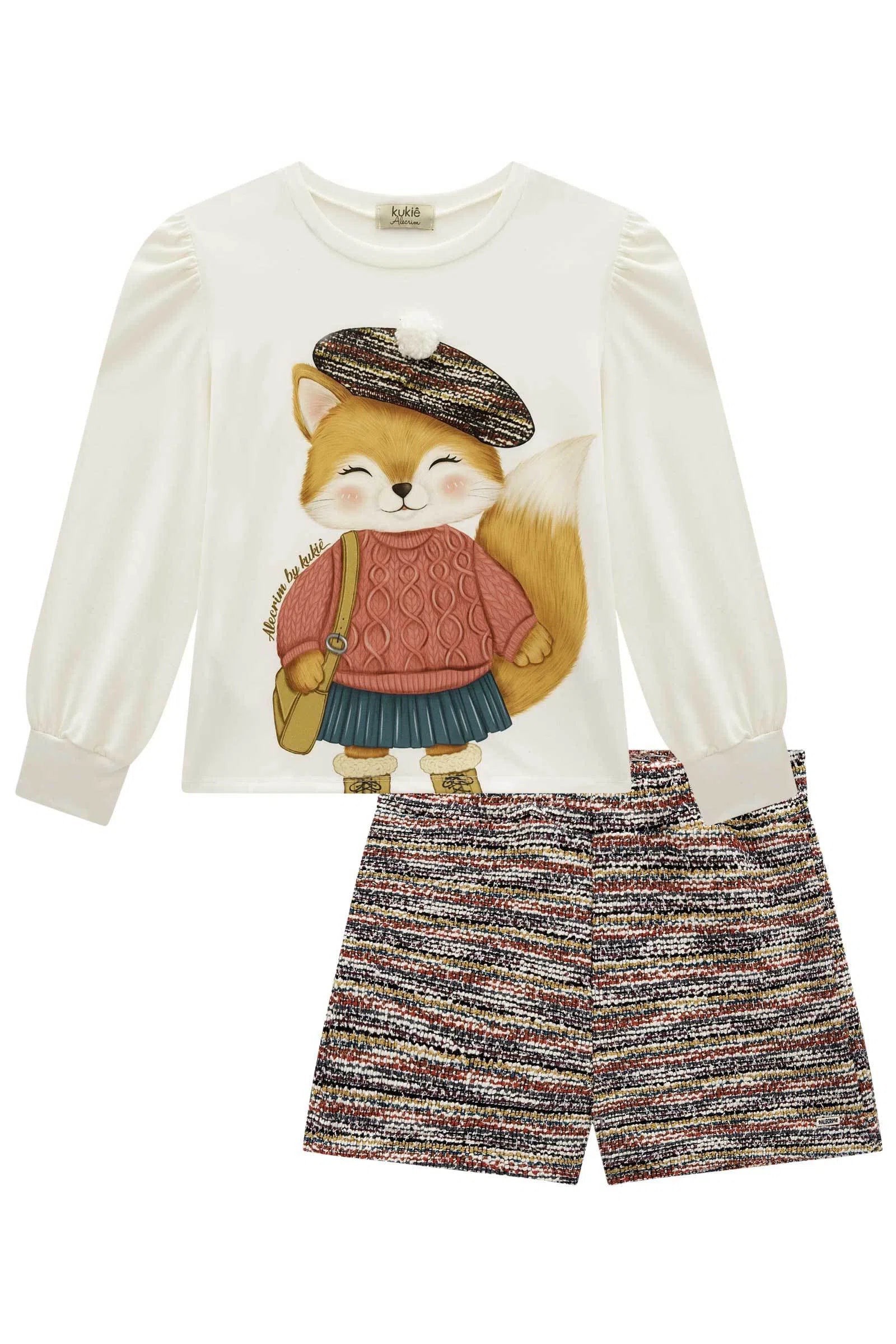 Conjunto de Blusa em Cotton e Shorts em Malha Tweed 81385 Kukiê Infantil Menina