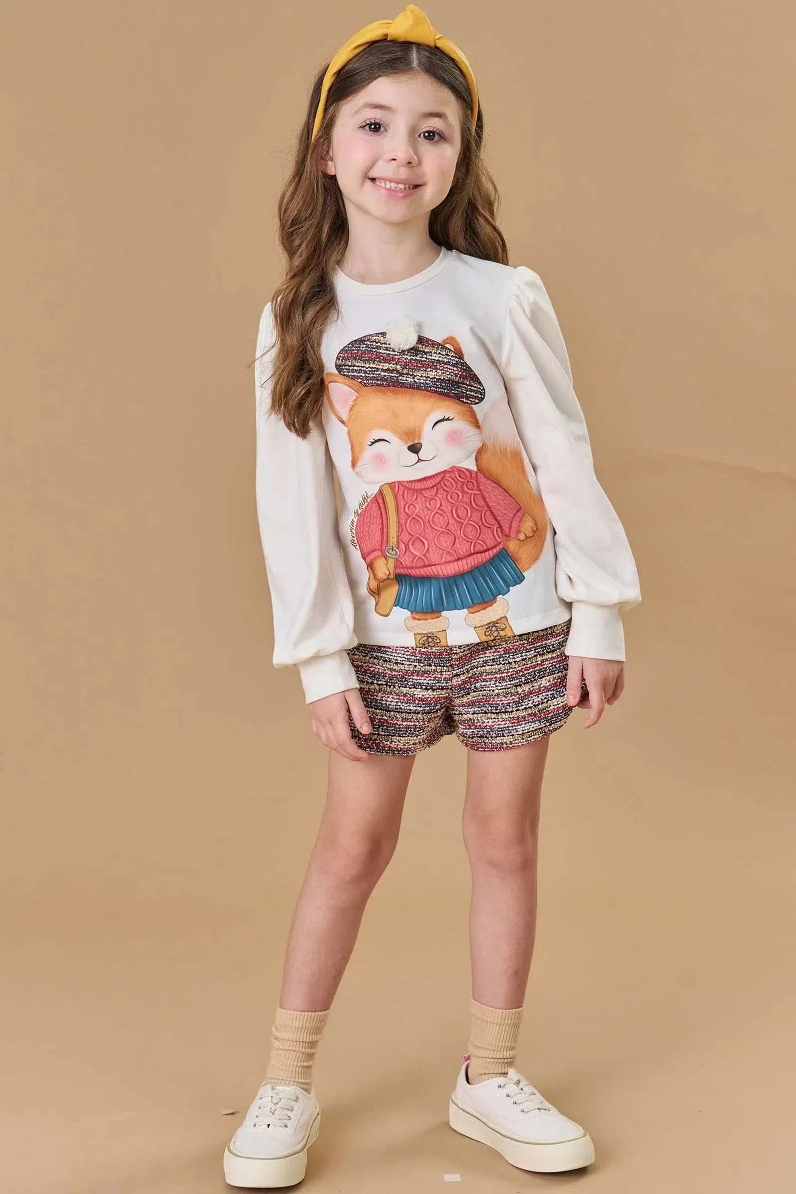 Conjunto de Blusa em Cotton e Shorts em Malha Tweed 81385 Kukiê Infantil Menina