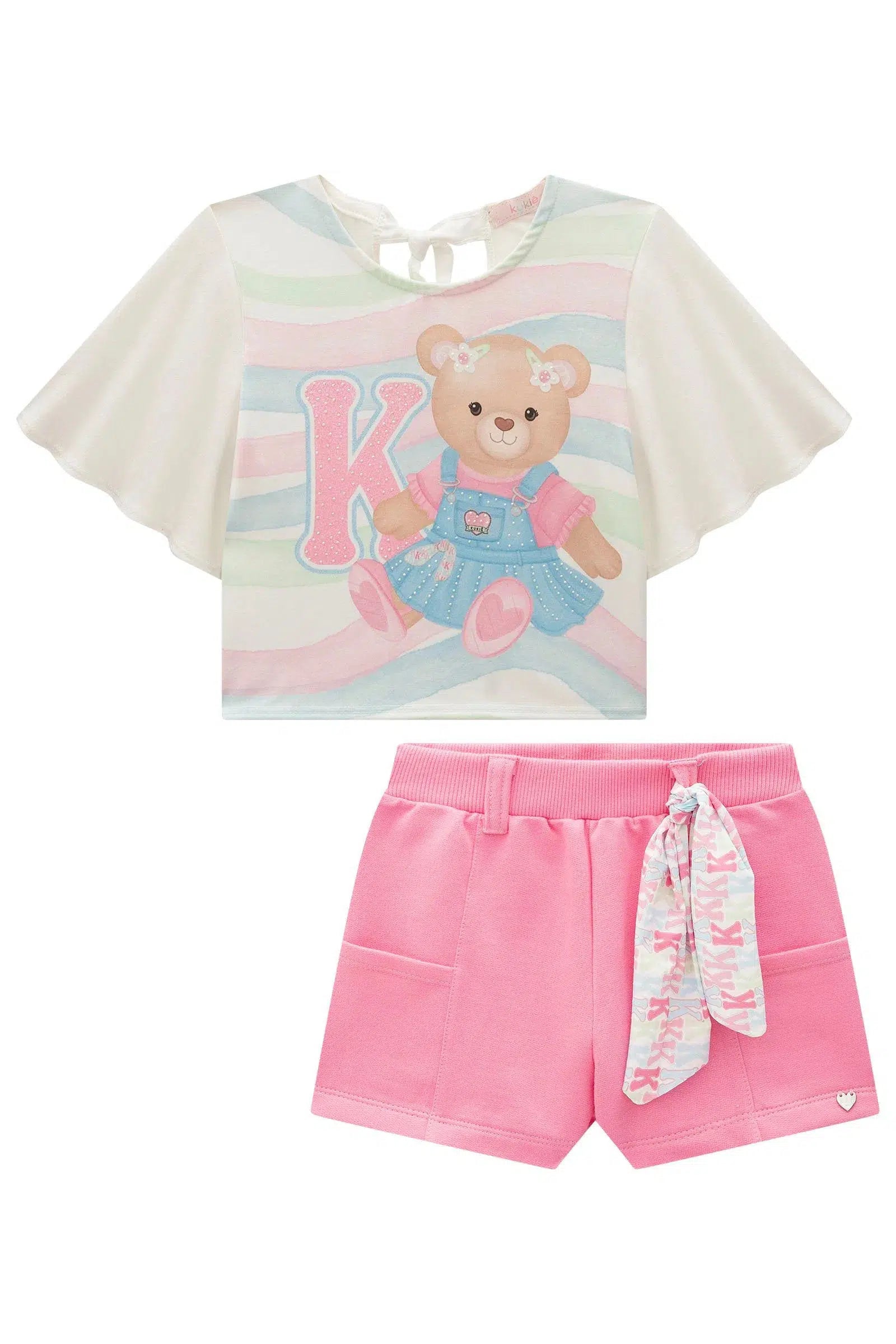 Conjunto Infantil Menina de Blusa em Cotton e Shorts em Moletom sem Pelúcia 82044 Kukiê