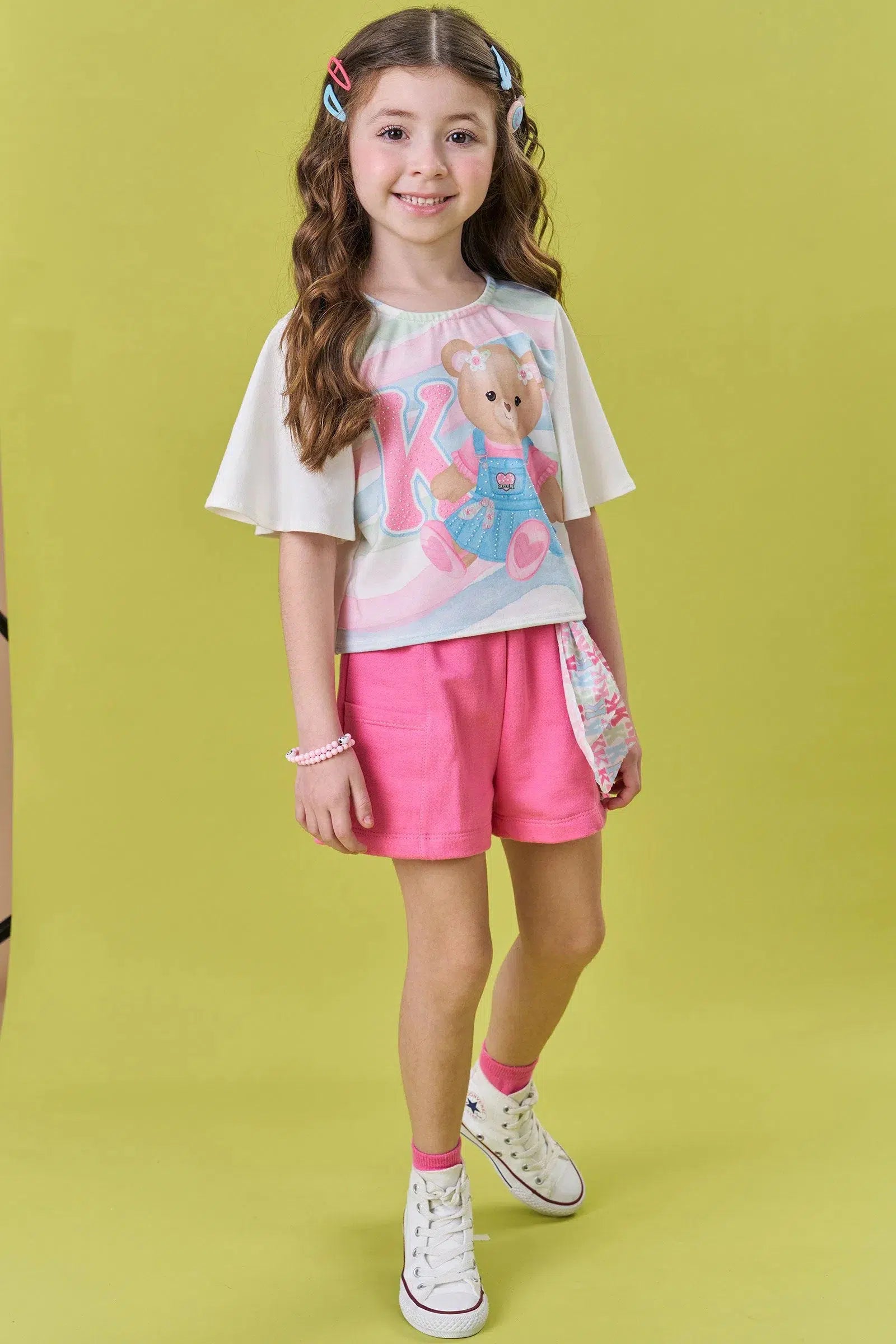 Conjunto Infantil Menina de Blusa em Cotton e Shorts em Moletom sem Pelúcia 82044 Kukiê