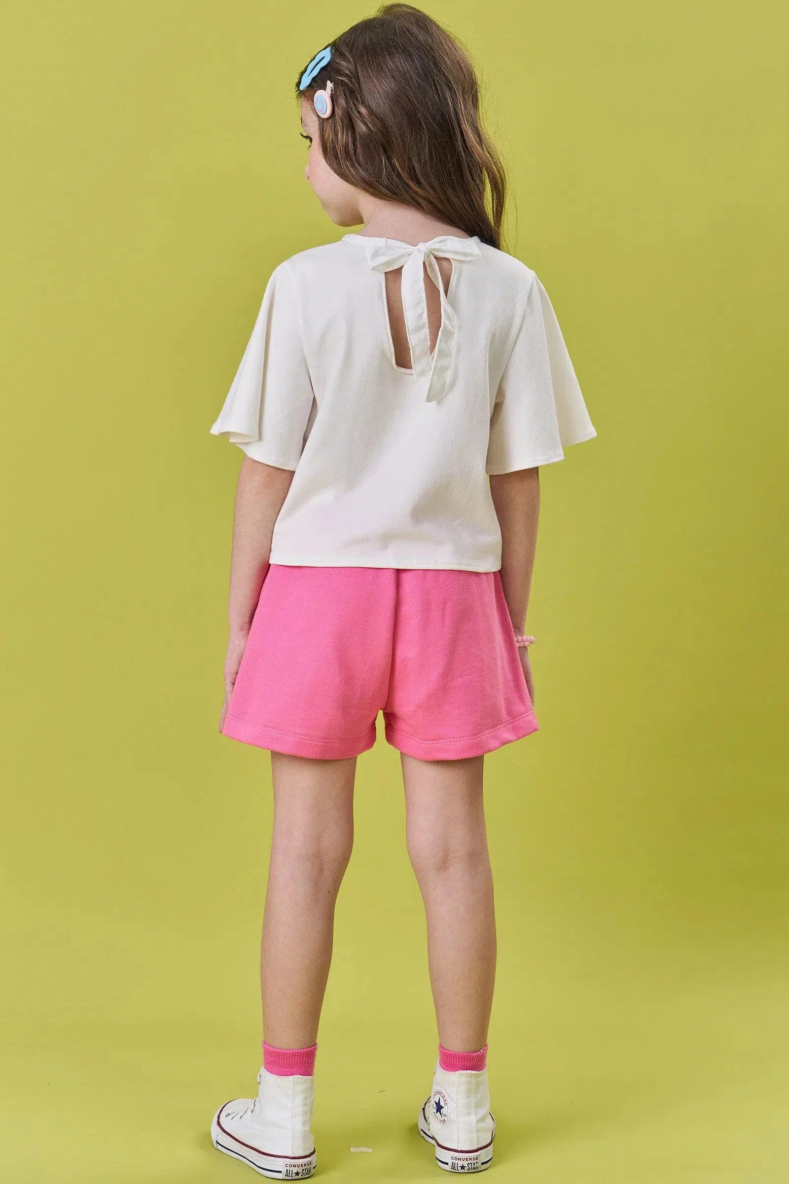 Conjunto Infantil Menina de Blusa em Cotton e Shorts em Moletom sem Pelúcia 82044 Kukiê