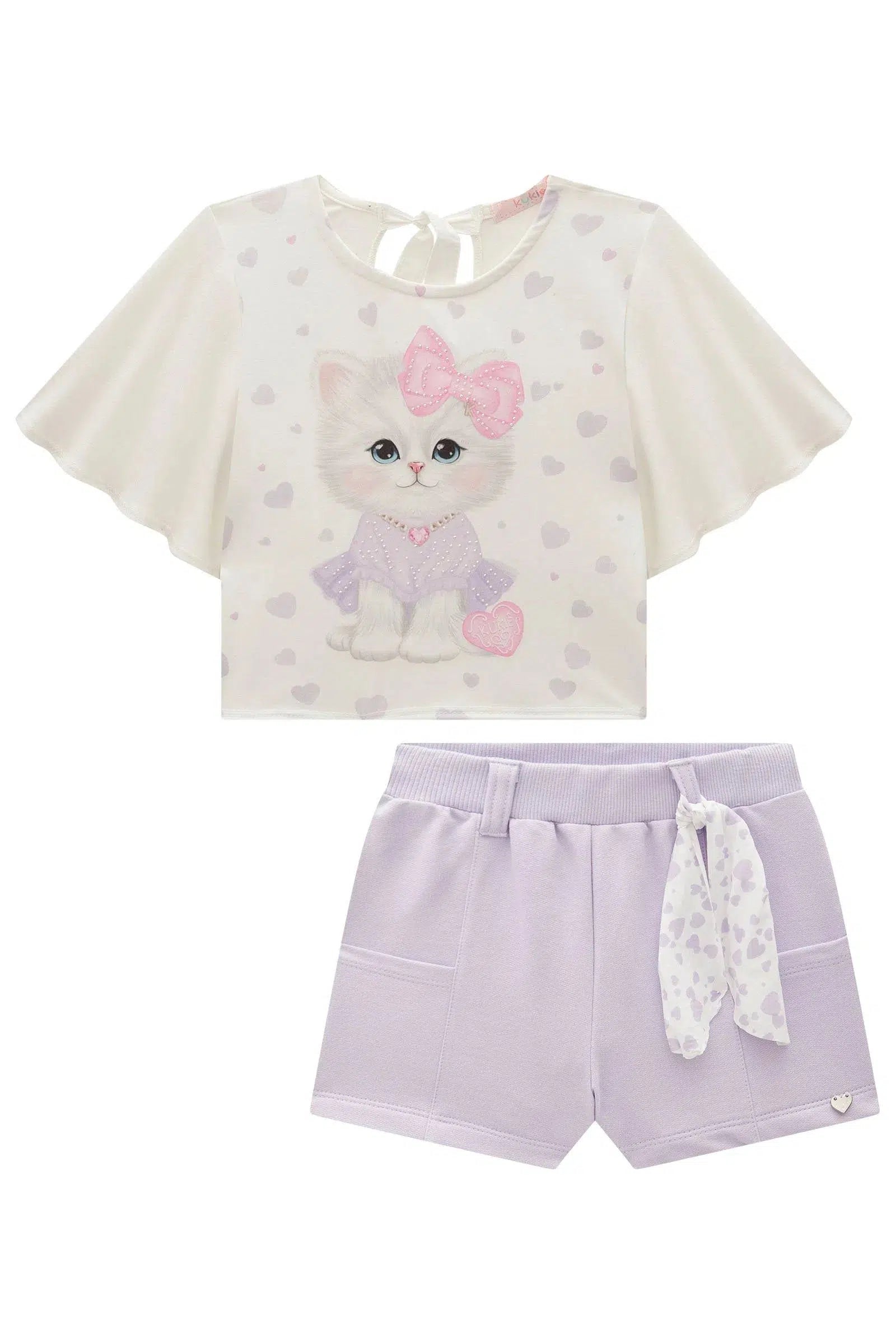 Conjunto Infantil Menina de Blusa em Cotton e Shorts em Moletom sem Pelúcia 82044 Kukiê