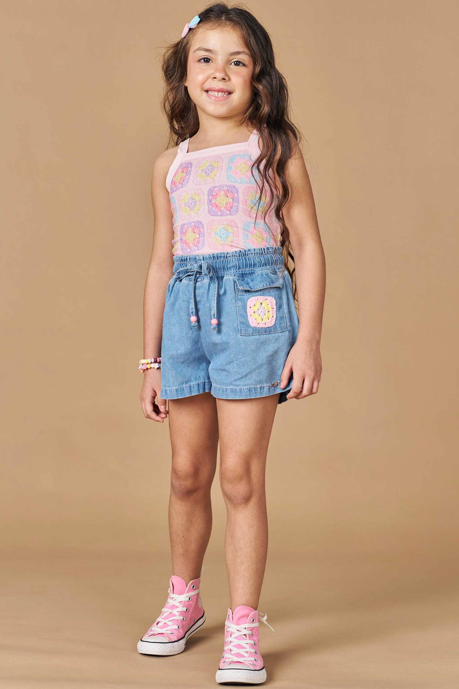 Conjunto de Blusa em Cotton e Shorts Jeans Teca 77640 Kukiê