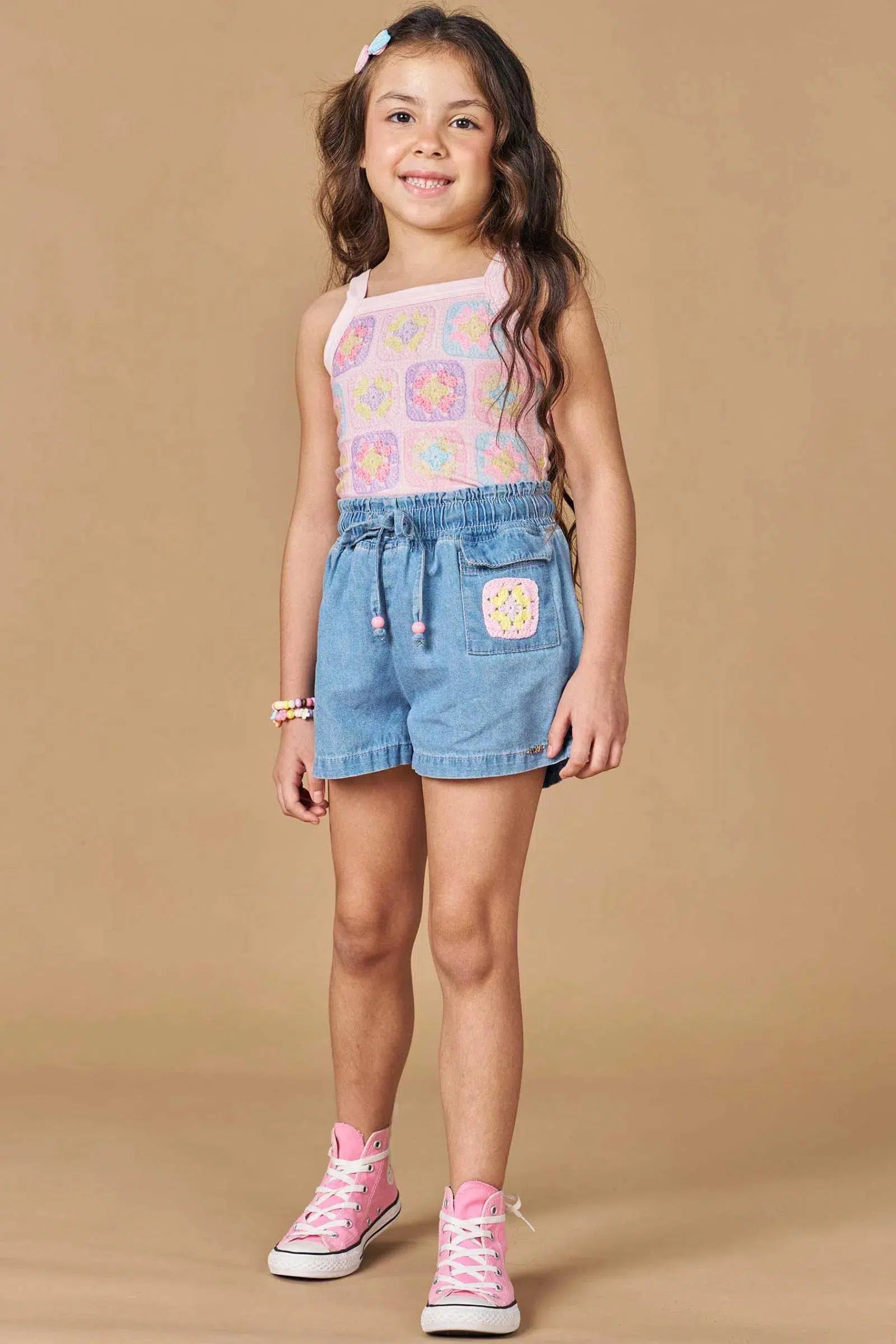 Conjunto de Blusa em Cotton e Shorts Jeans Teca 77640 Kukiê