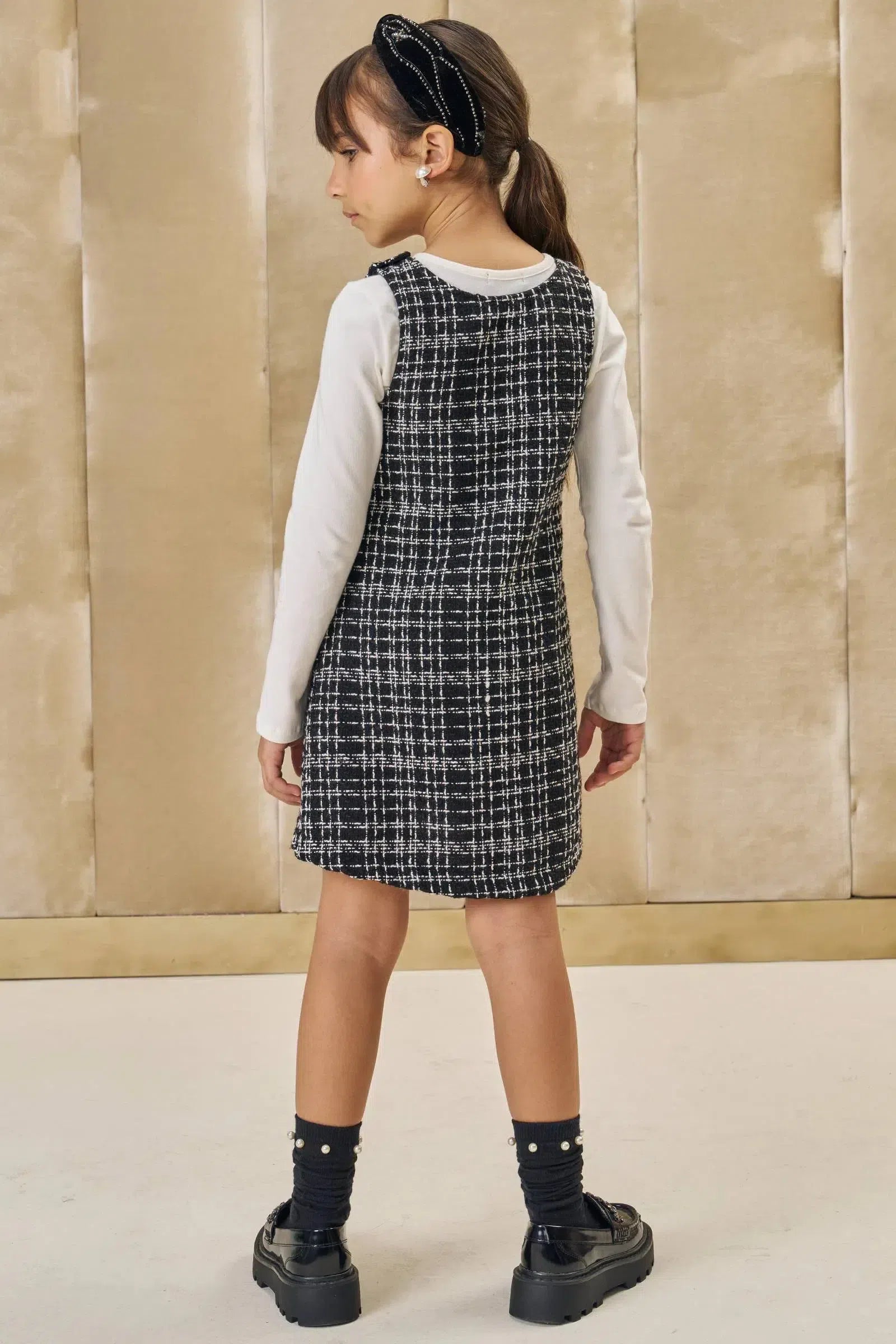 Conjunto de Blusa em Cotton e Tule e Salopete em Tweed Monaco 80914 Infanti Infantil Menina