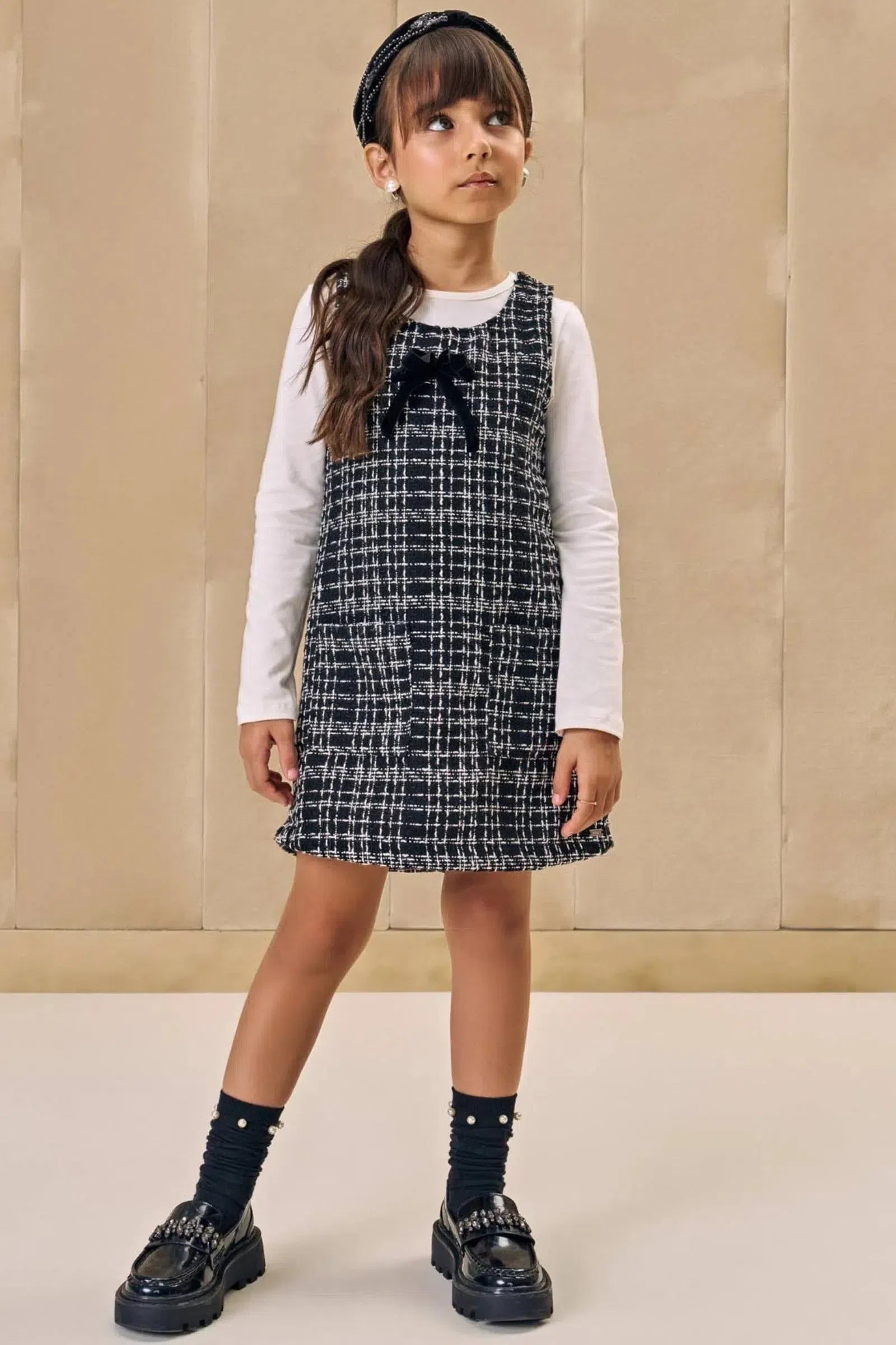 Conjunto de Blusa em Cotton e Tule e Salopete em Tweed Monaco 80914 Infanti Infantil Menina