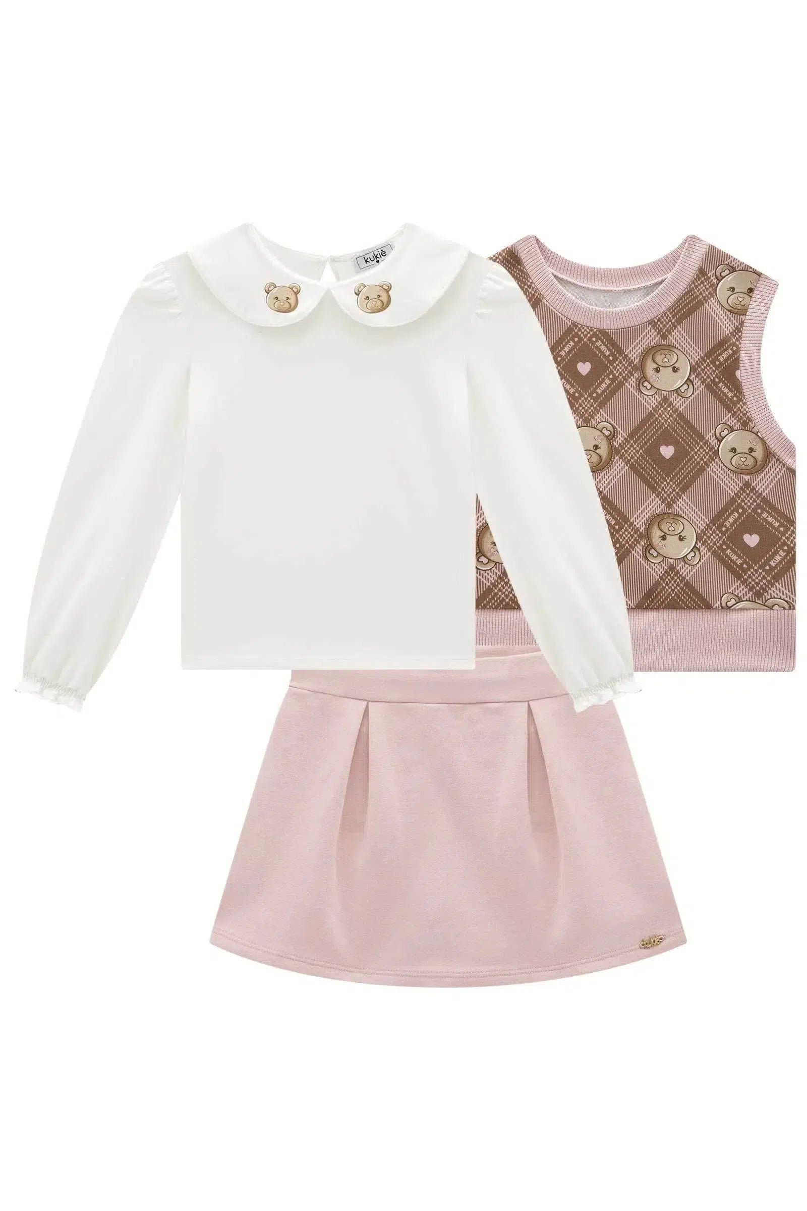 Conjunto de Blusa em Cotton Short Saia e Colete em Molecotton 79473 Kukiê Infantil Menina