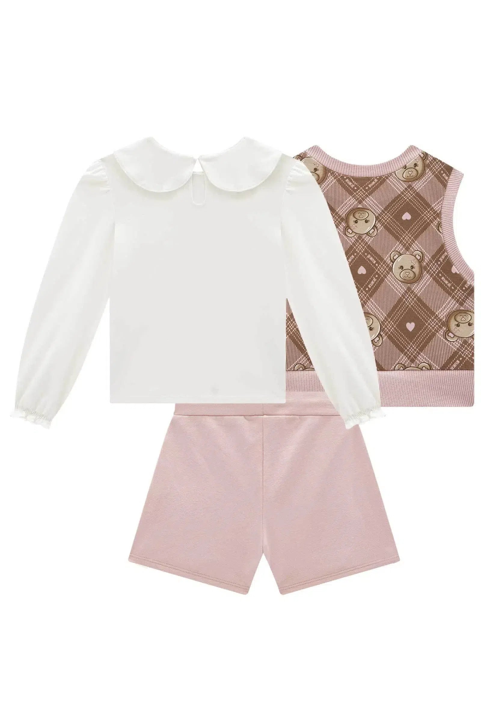 Conjunto de Blusa em Cotton Short Saia e Colete em Molecotton 79473 Kukiê Infantil Menina