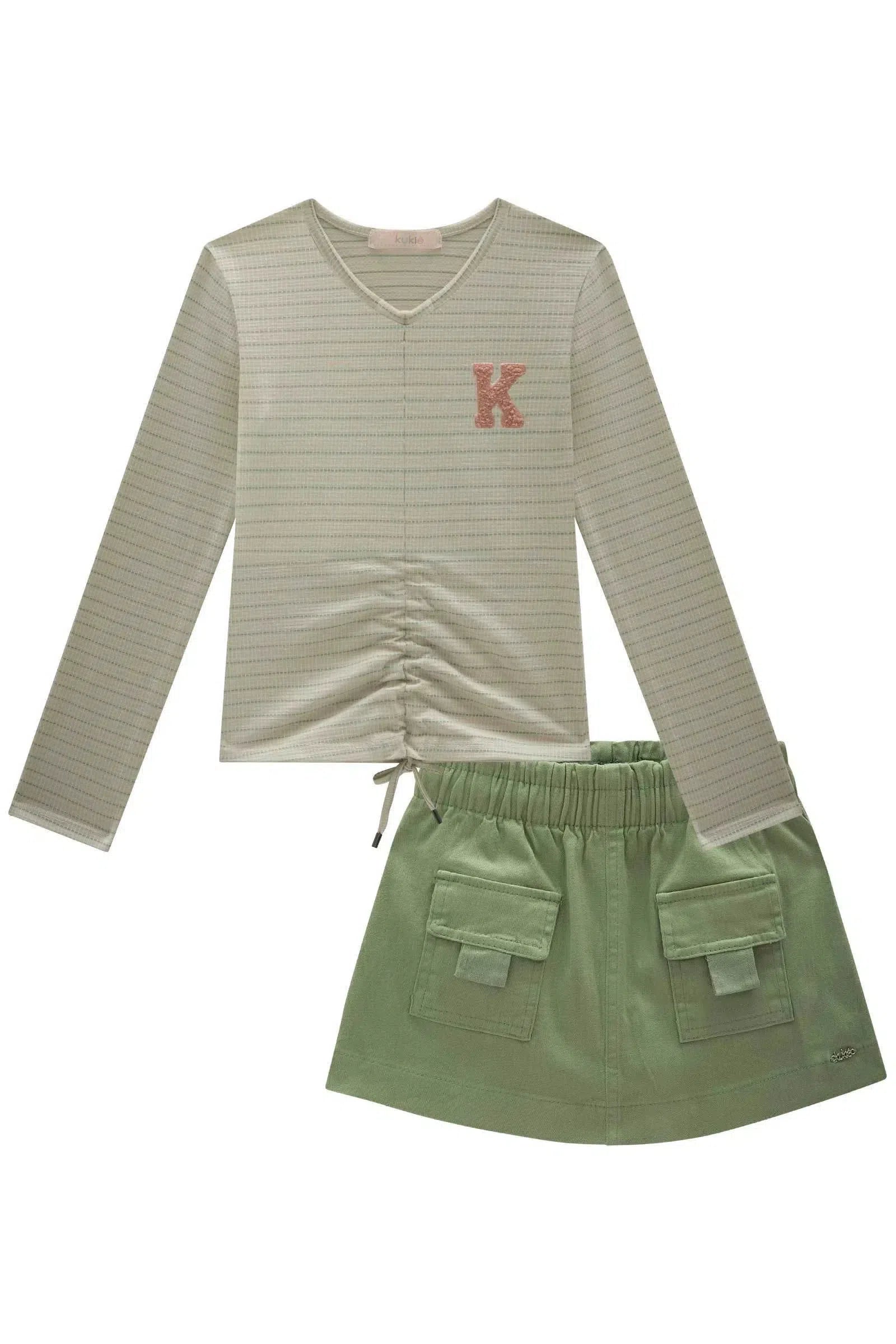 Conjunto de Blusa em Cotton Trabalhado e Short Saia em Sarja com Elastano 80776 Kukiê Infantil Menina