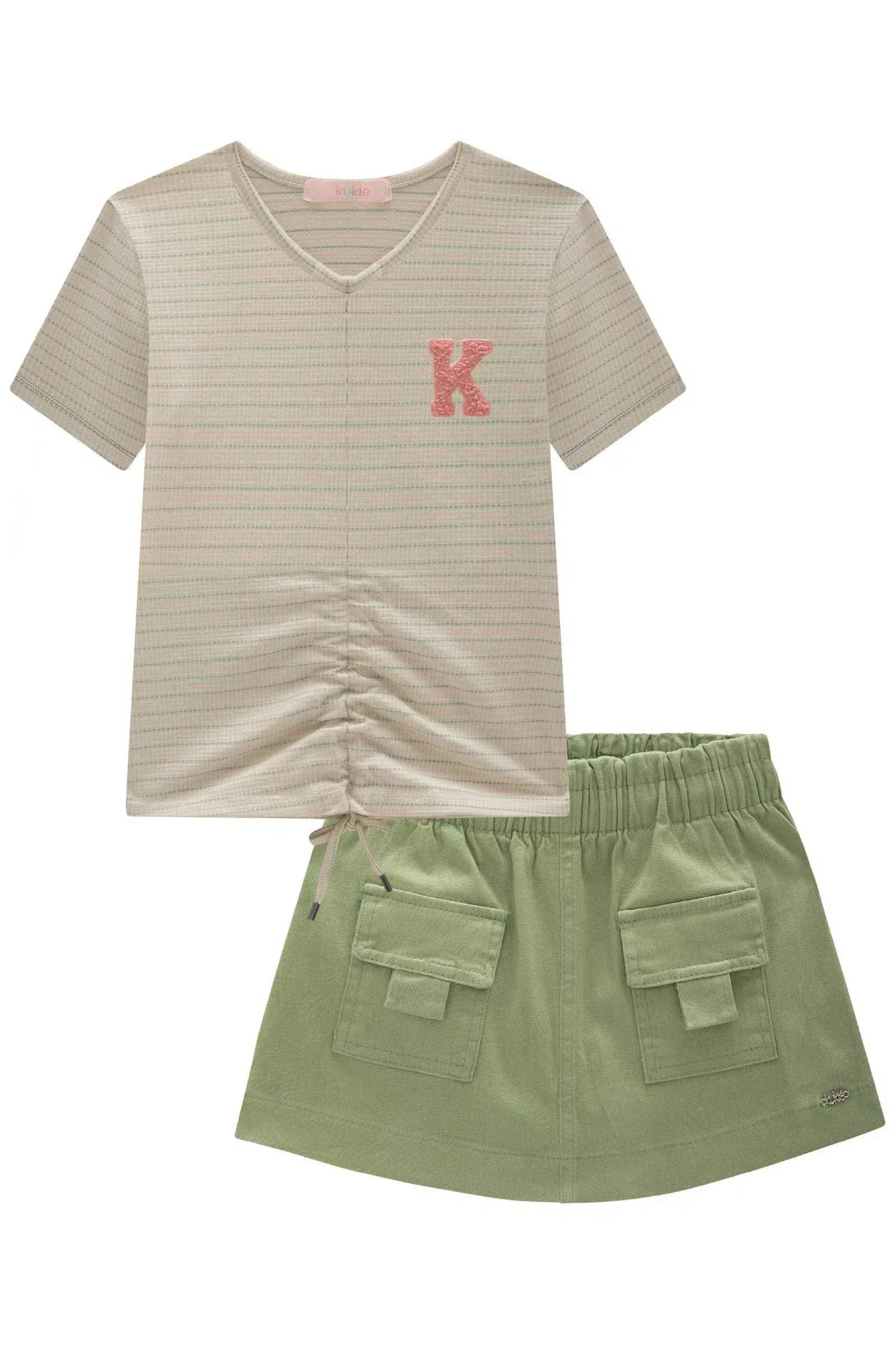 Conjunto Infantil Menina de Blusa em Cotton Trabalhado e Short Saia em Sarja com Elastano 82395 Kukiê