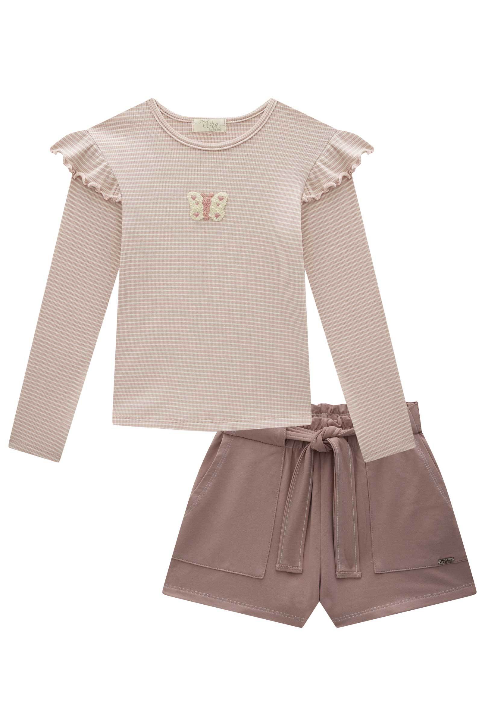 Conjunto de Blusa em Malha Canelada com Shorts em Molevisco 79206 Infanti Infantil Menina