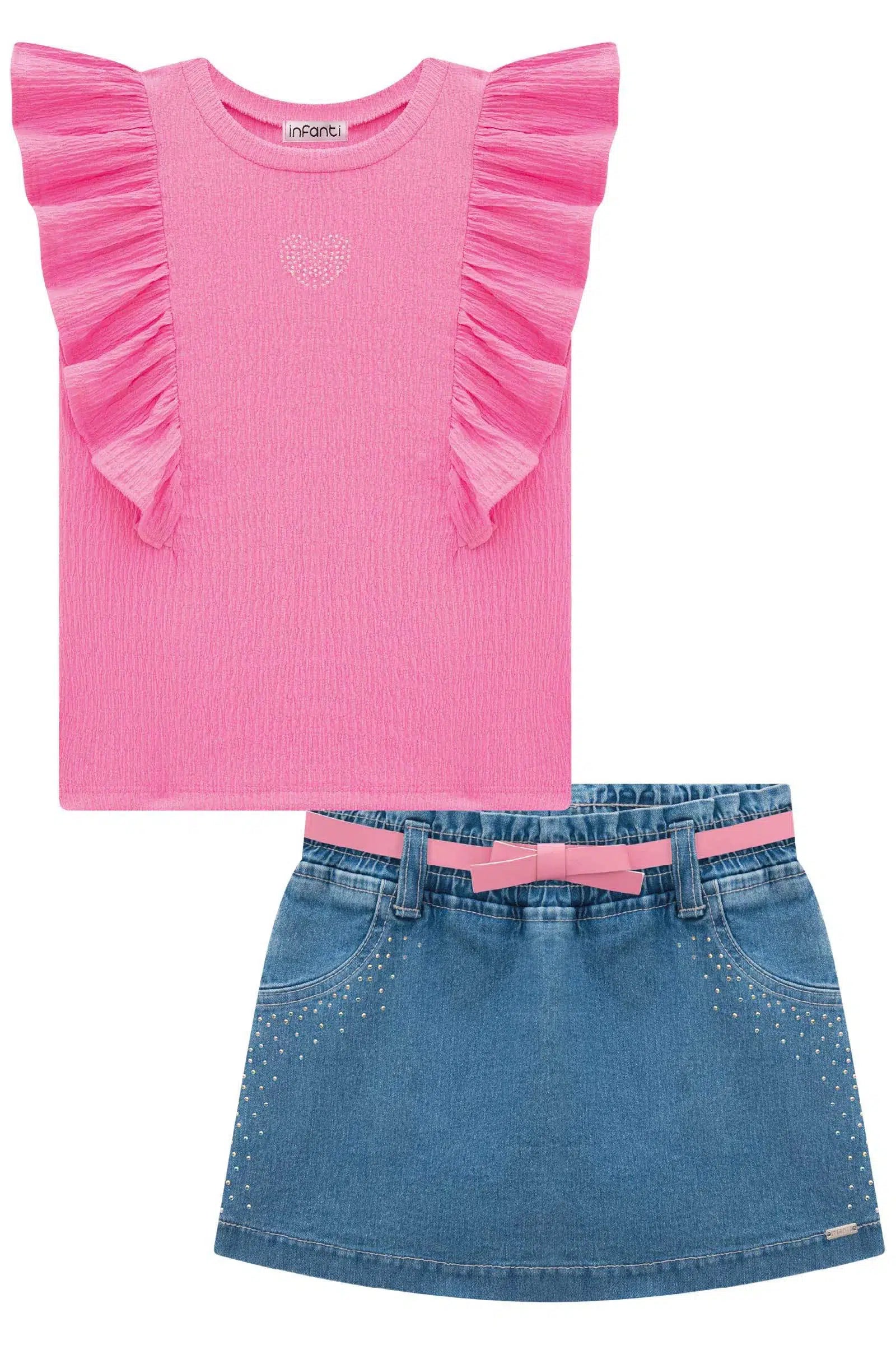 Conjunto de Blusa em Malha Capri com Short Saia em Jeans Bellini com Elastano 74906 Infanti