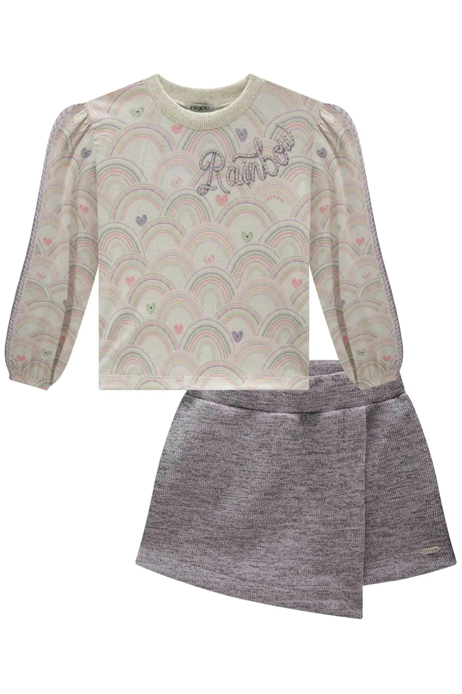 Conjunto de Blusa em Malha Comfy com Short Saia em Malha Textura Brilho 80572 Infanti Infantil Menina