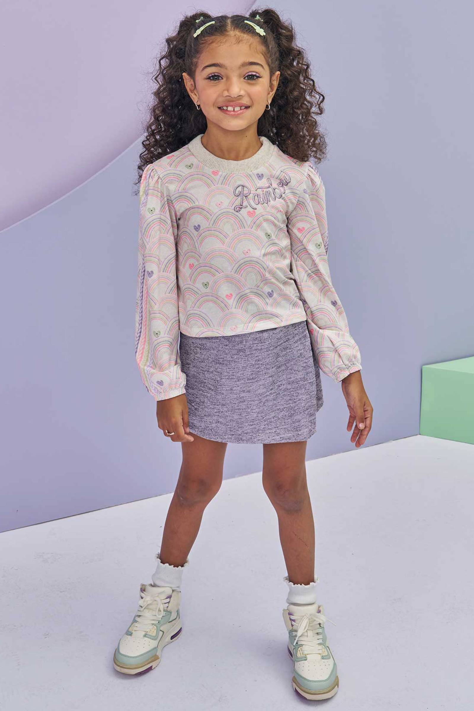 Conjunto de Blusa em Malha Comfy com Short Saia em Malha Textura Brilho 80572 Infanti Infantil Menina