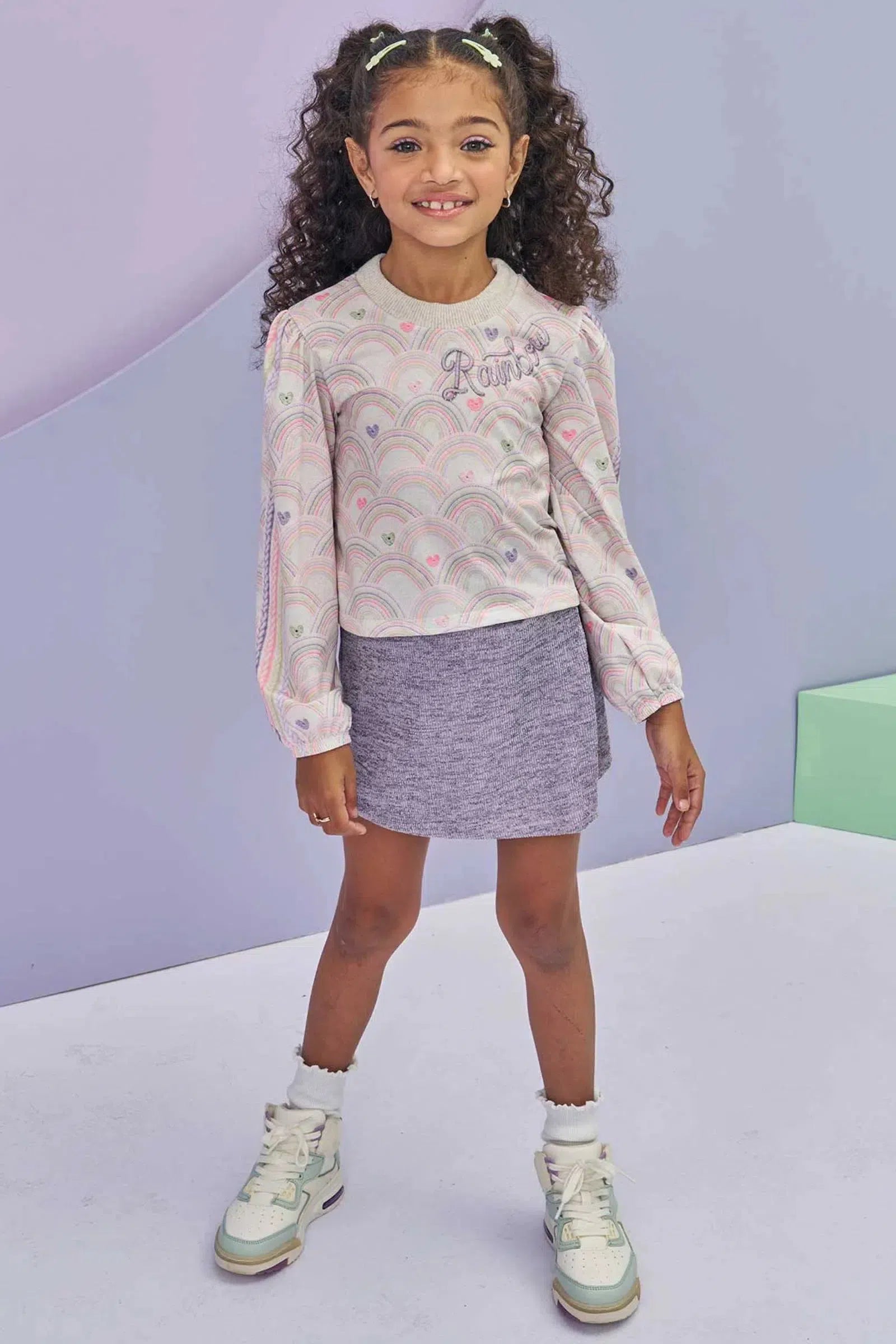 Conjunto de Blusa em Malha Comfy com Short Saia em Malha Textura Brilho 80572 Infanti Infantil Menina