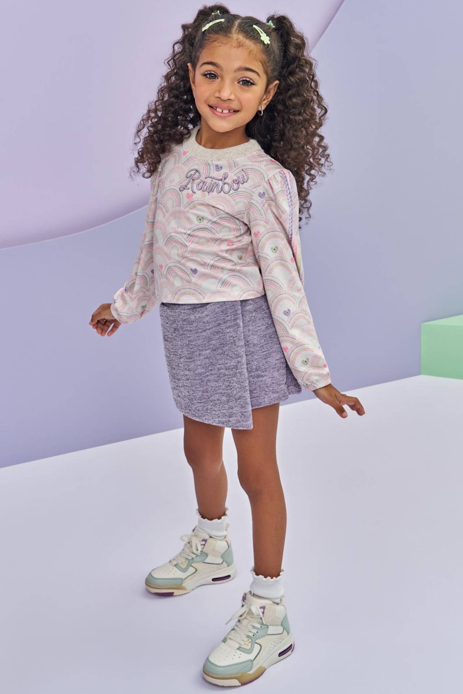 Conjunto de Blusa em Malha Comfy com Short Saia em Malha Textura Brilho 80572 Infanti Infantil Menina