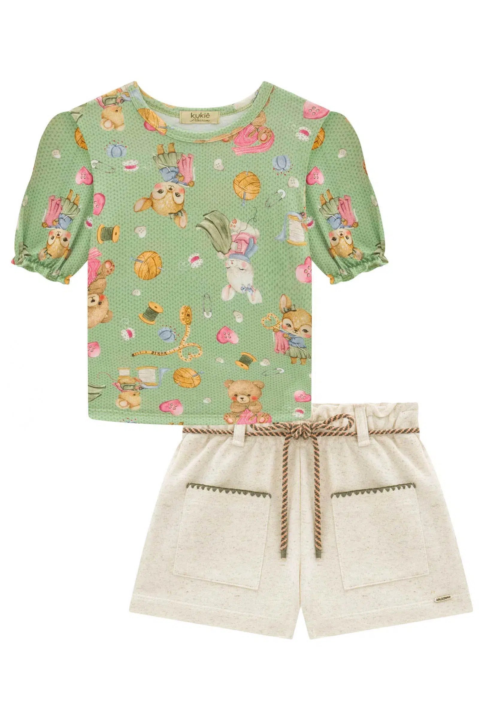 Conjunto Infantil Menina de Blusa em Malha Fresh e Shorts em Moletom sem Pelúcia 82237 Kukiê