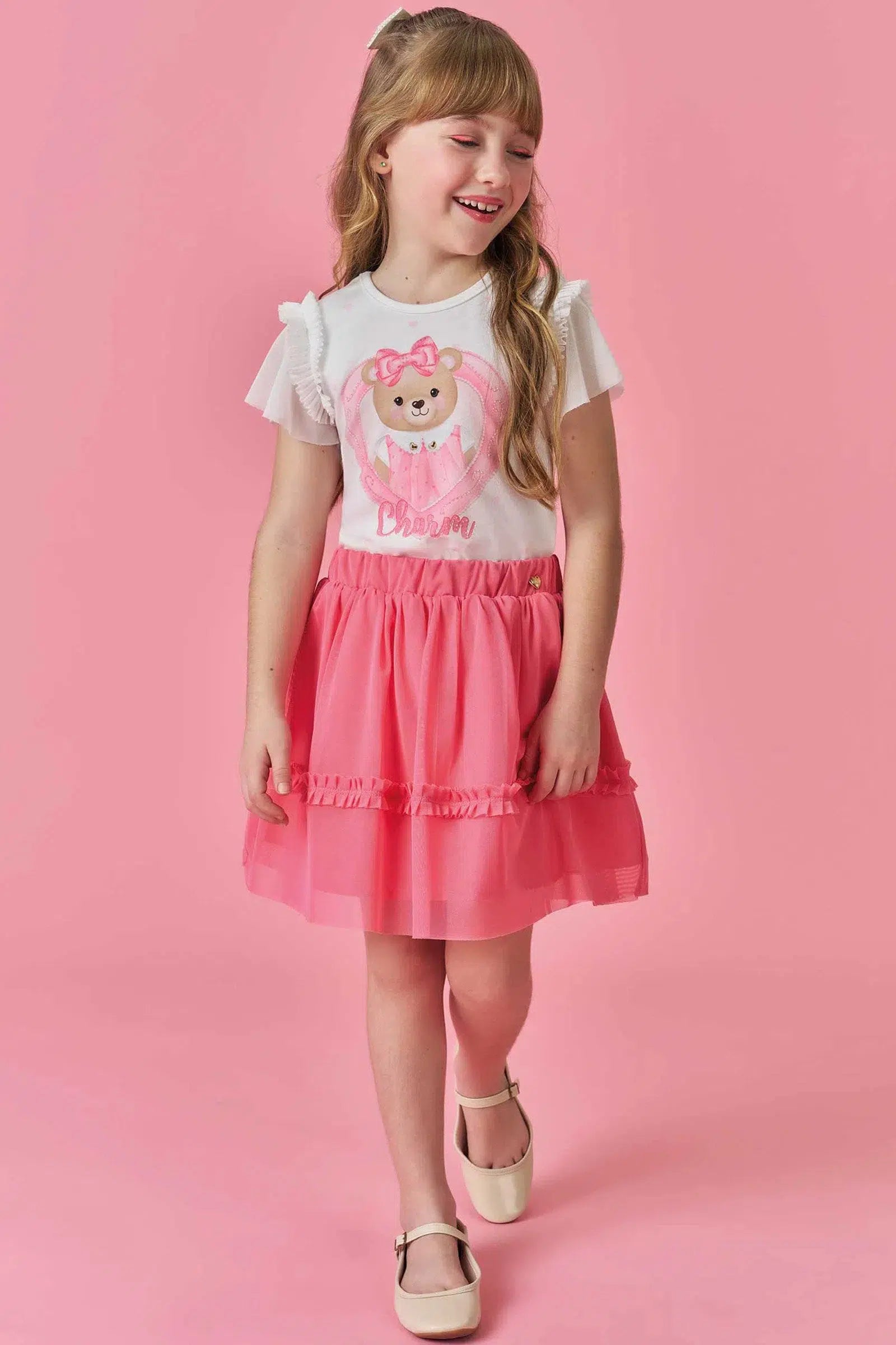 Conjunto Infantil Menina de Blusa em Malha Power e Saia em Tule com Elastano 81682 Kukiê