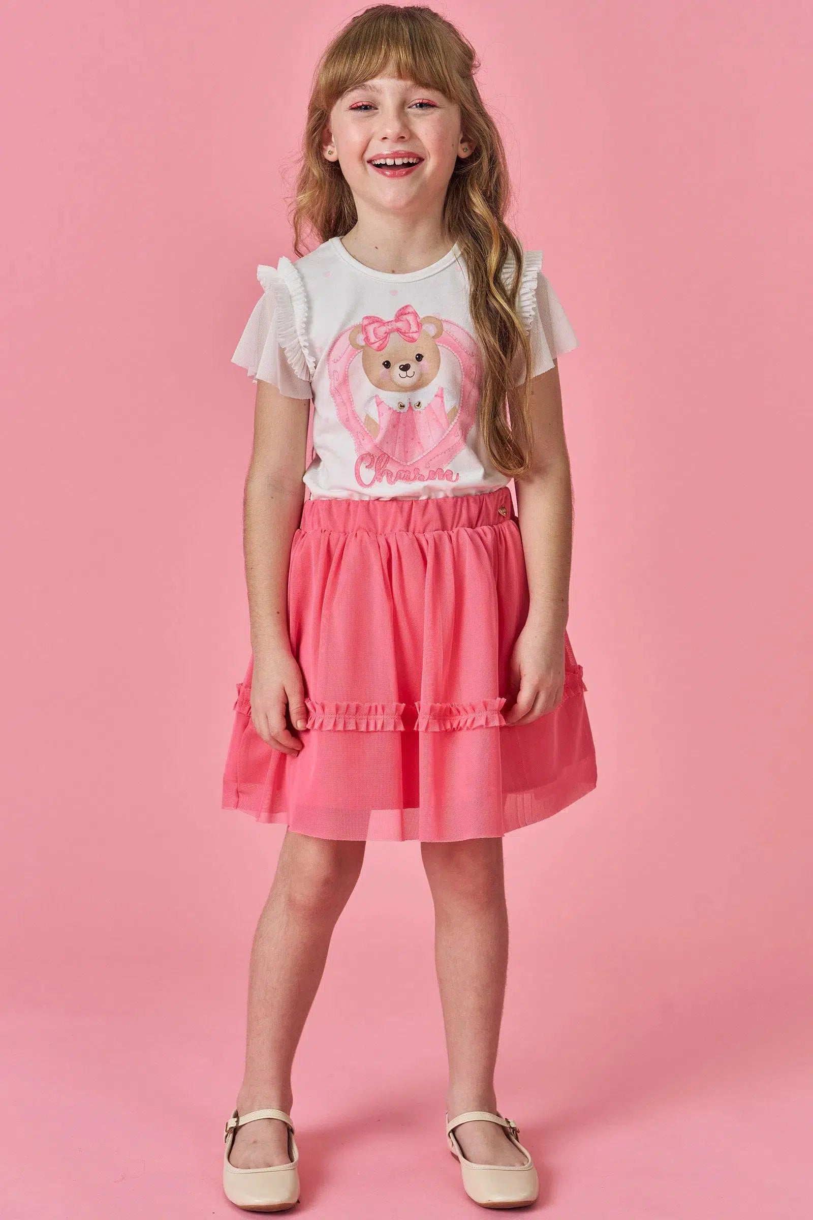 Conjunto Infantil Menina de Blusa em Malha Power e Saia em Tule com Elastano 81682 Kukiê