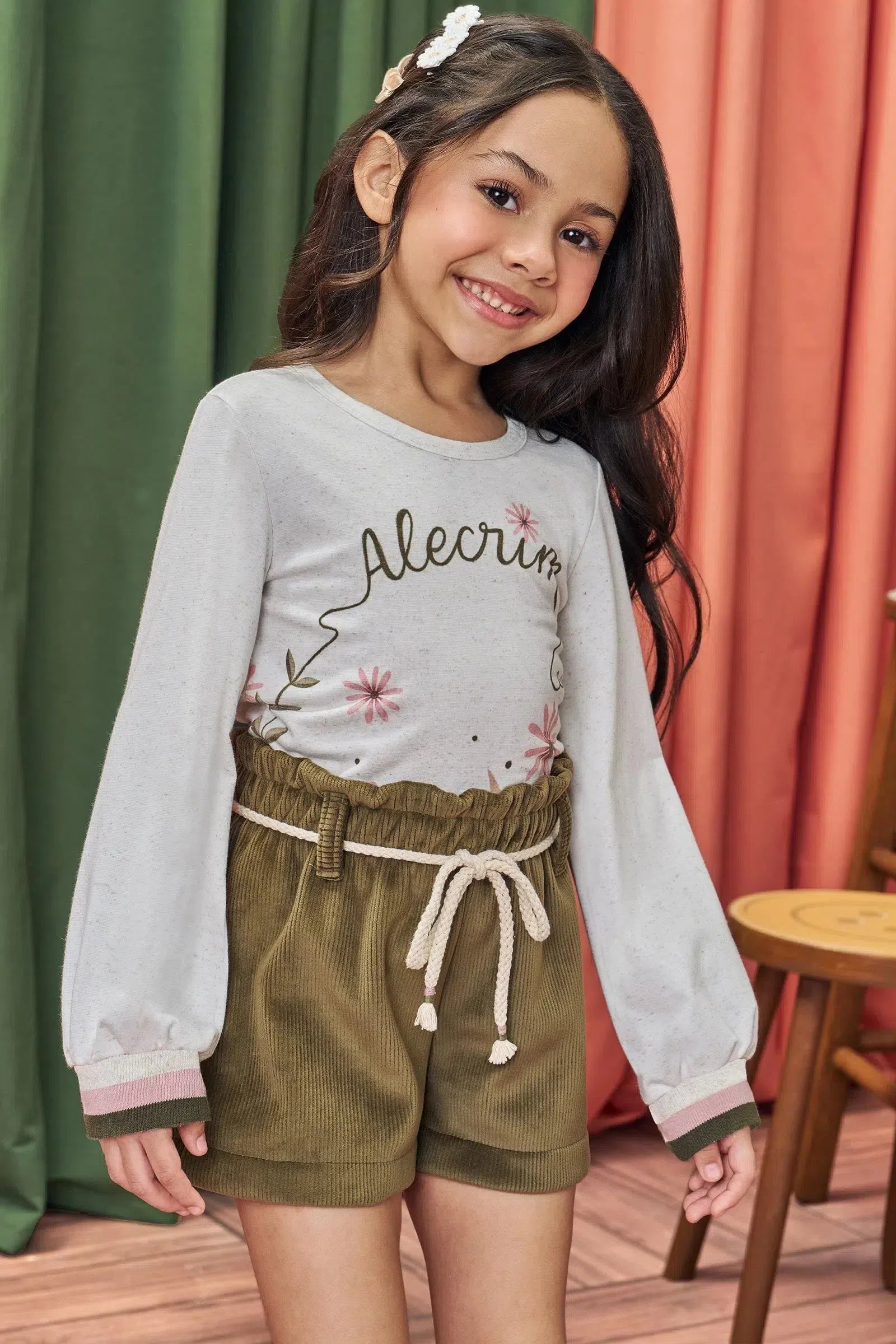 Conjunto de Blusa em Malha Power e Shorts em Fleece Cotelê com Elastano 79357 Kukiê Infantil Menina