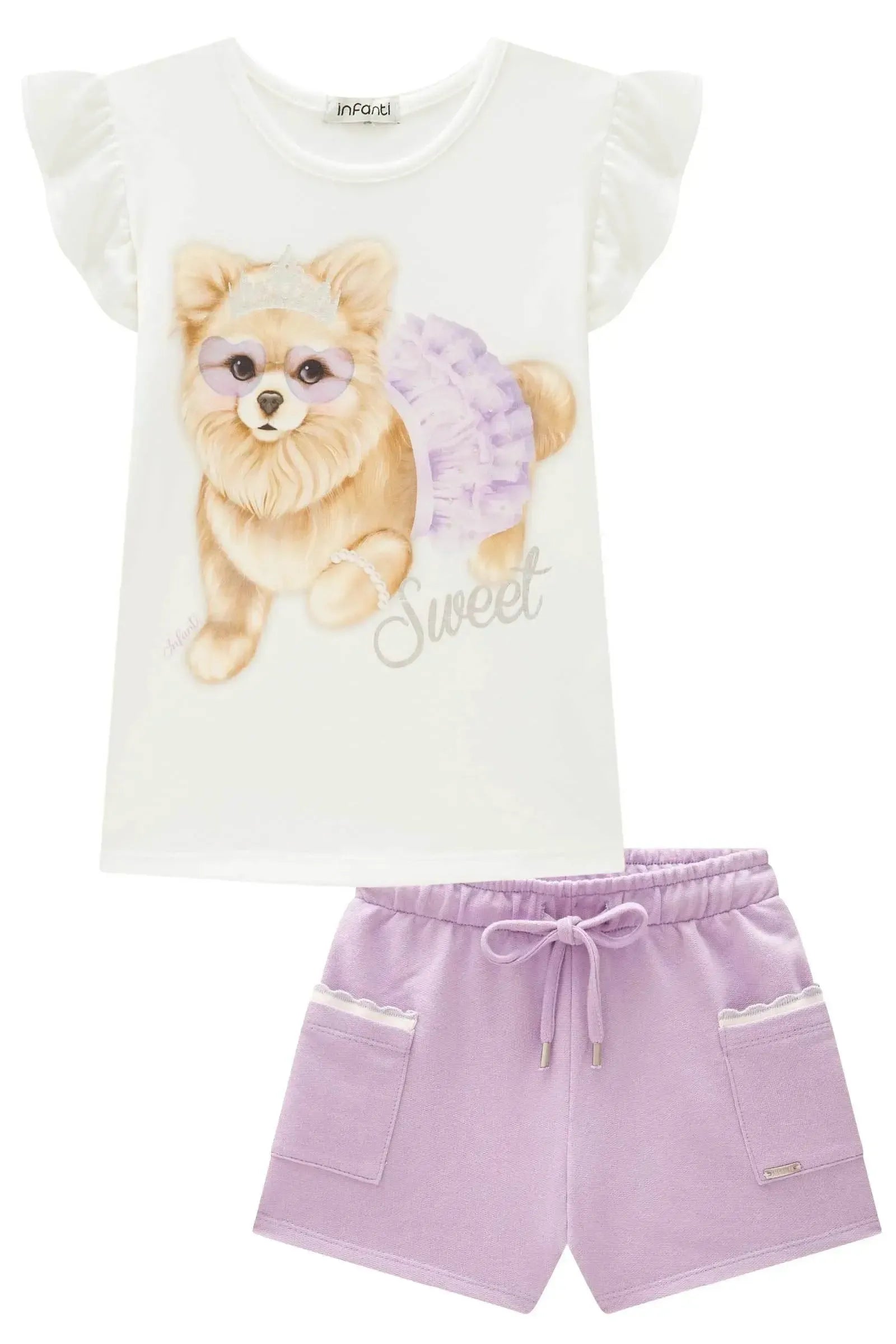 Conjunto de Blusa em Malha Power e Shorts em Moletom sem Pelúcia 84326 Infanti Infantil Menina