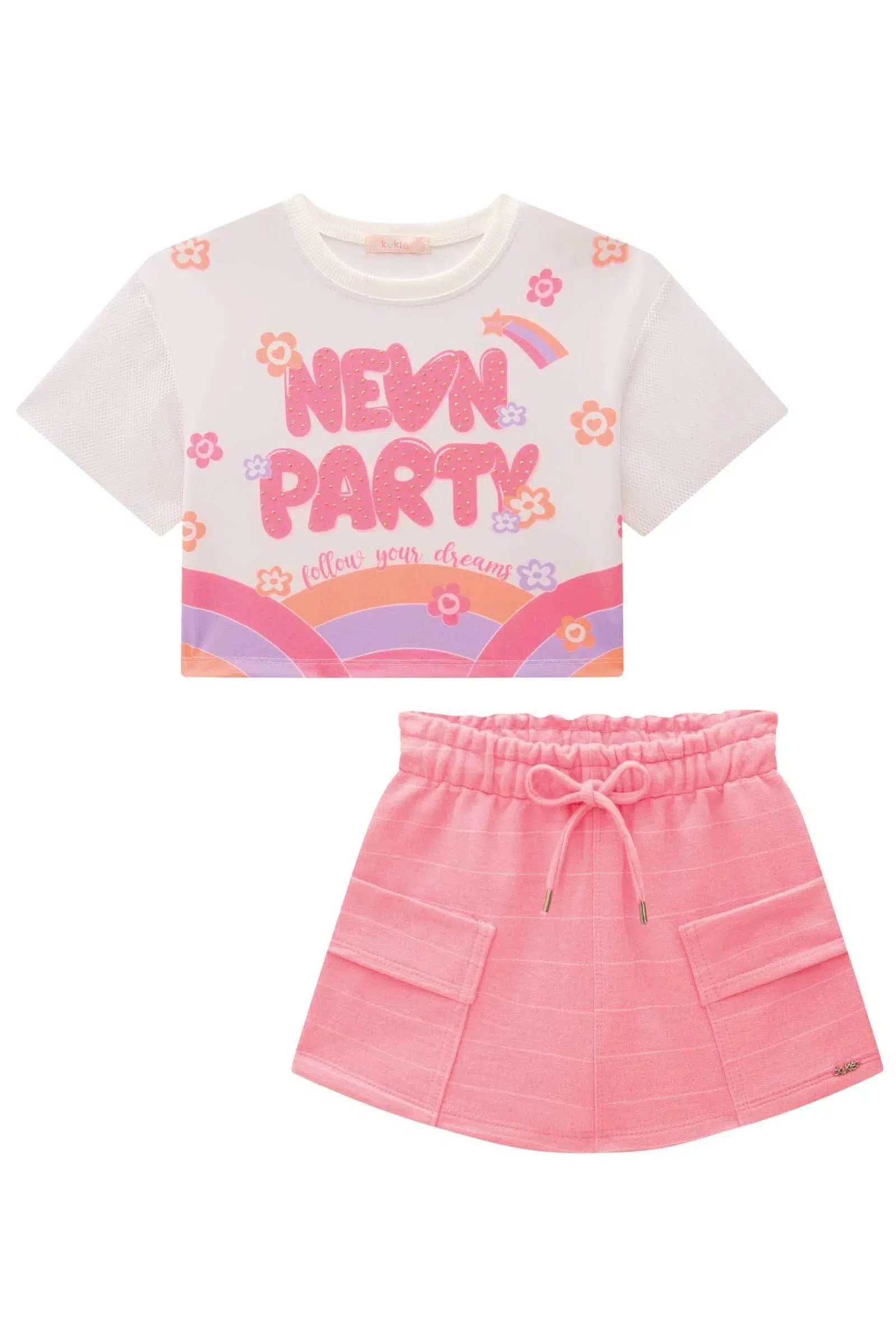Conjunto Infantil Menina de Blusa em Malha Power e Tela Fashion e Short Saia em Moletom sem Pelúcia 82049 Kukiê