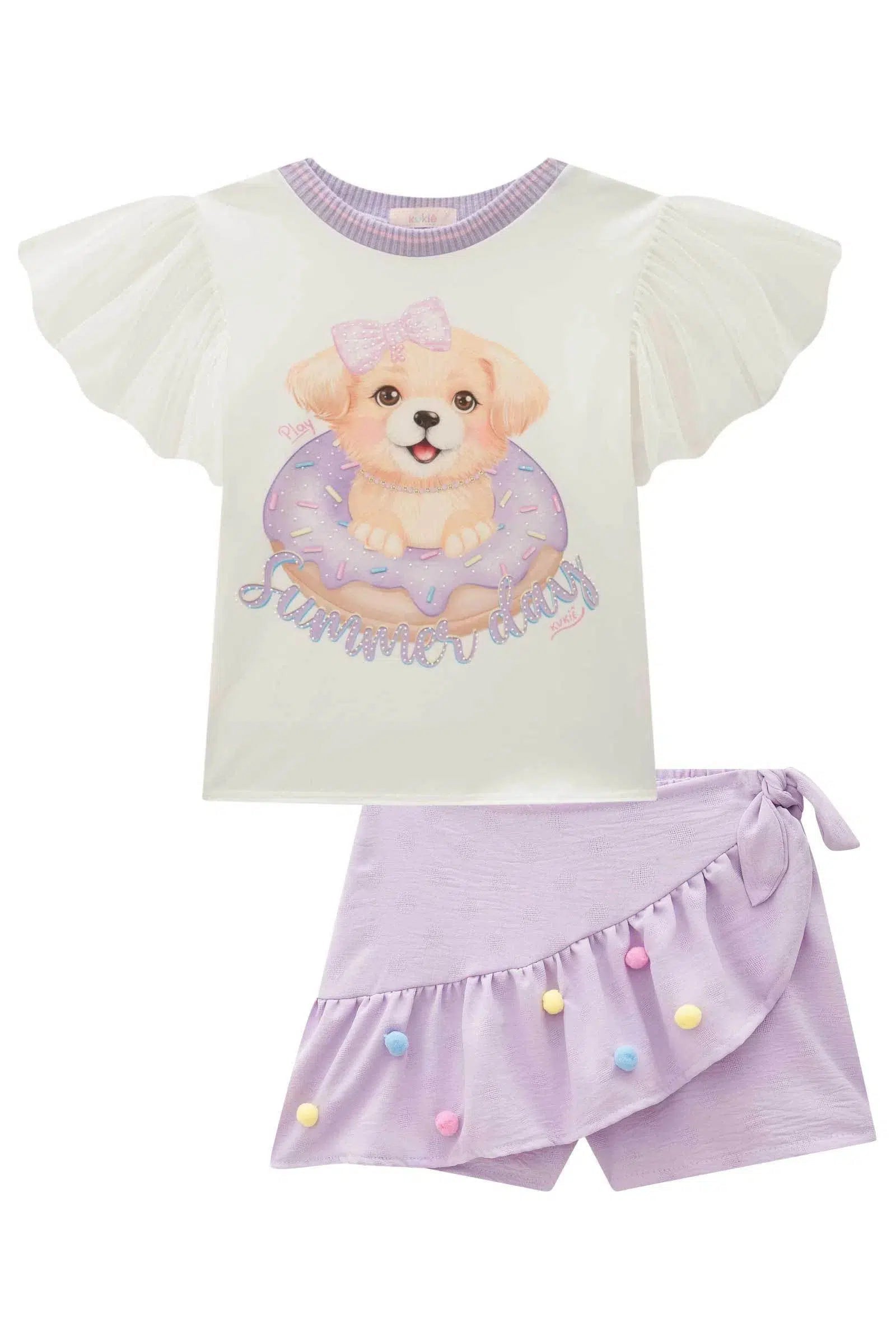 Conjunto Infantil Menina de Blusa em Malha Power e Tule com Elastano e Short Saia em Crepe Dots 82258 Kukiê