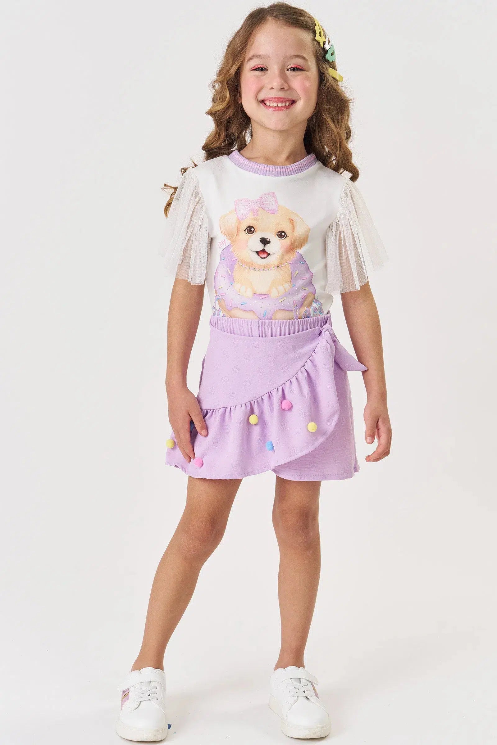 Conjunto Infantil Menina de Blusa em Malha Power e Tule com Elastano e Short Saia em Crepe Dots 82258 Kukiê