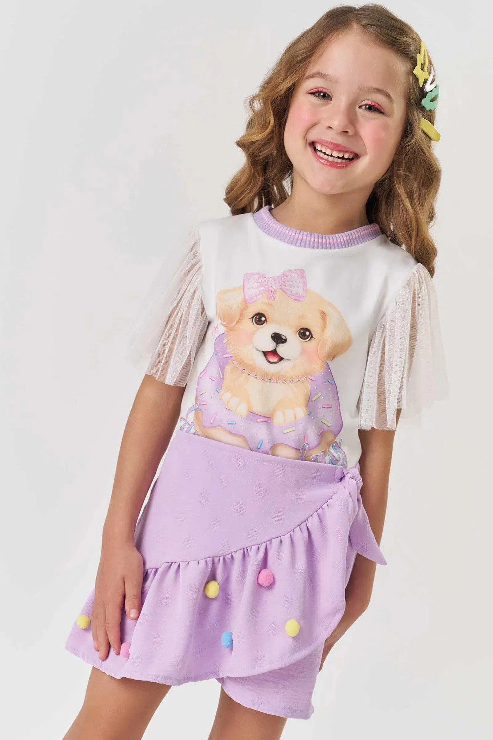 Conjunto Infantil Menina de Blusa em Malha Power e Tule com Elastano e Short Saia em Crepe Dots 82258 Kukiê