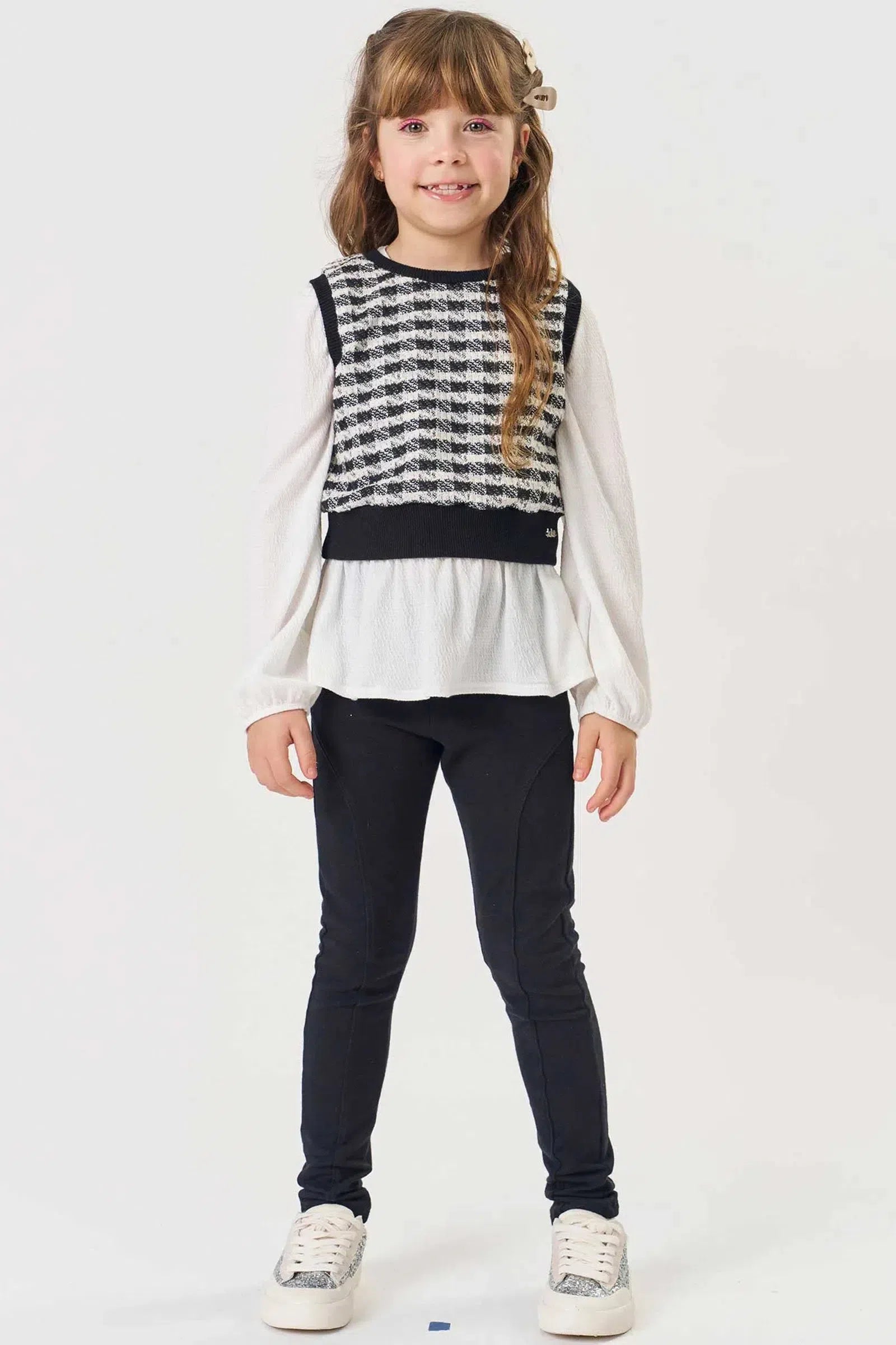 Conjunto de Blusa em Malha Wave Colete em Tweed e Calça Legging em Molecotton 81925 Kukiê Infantil Menina